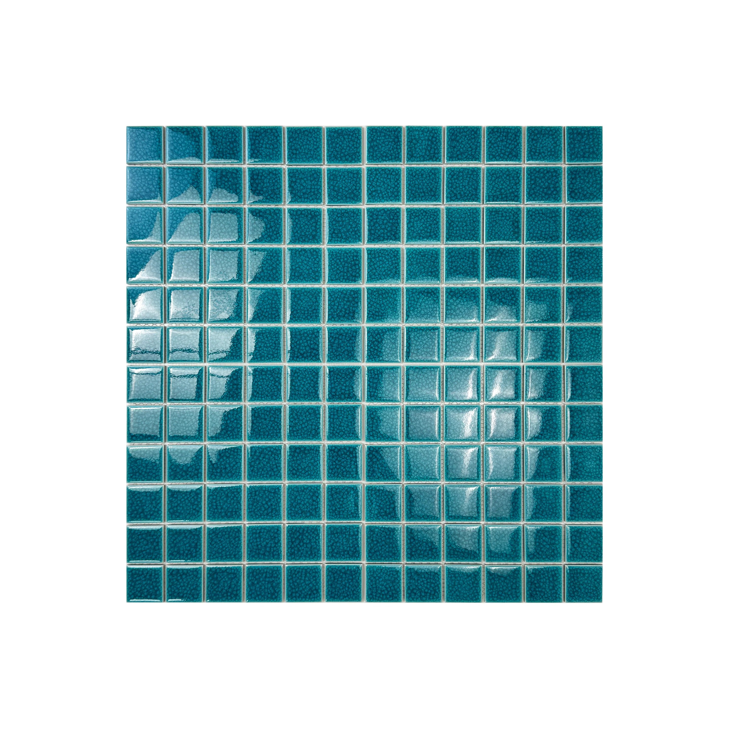 Oceanic Opal Dark Teal Blue Convex Crackle Porcelain Mosaic. Durable, UV-resistant, slip-proof tiles for pools, spas, water features & luxury aquatic walls.