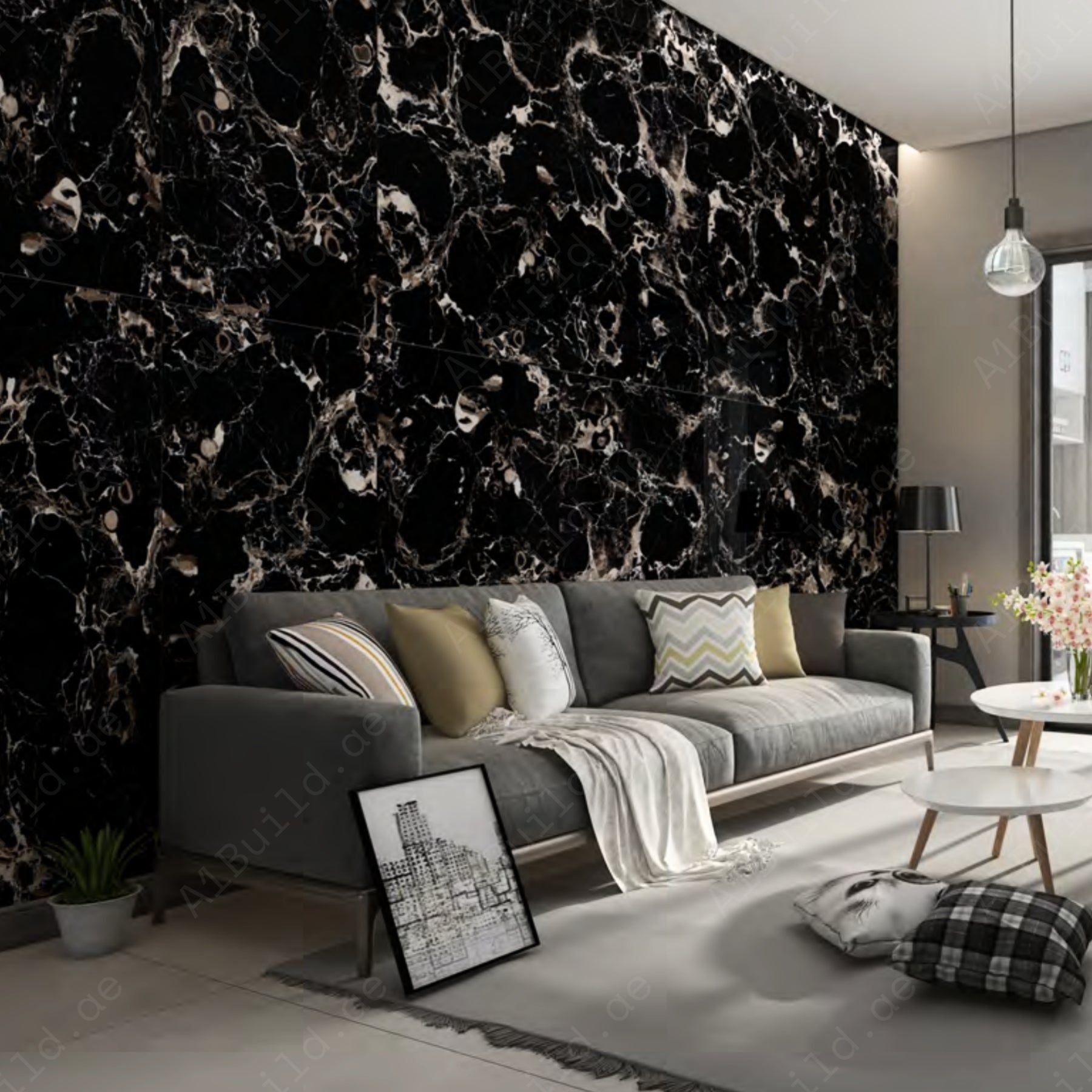 Portoro Argento 80x160cm high glossy porcelain tile, 09mm thick with black marble look and silver veining. Luxurious and durable for stylish interiors.