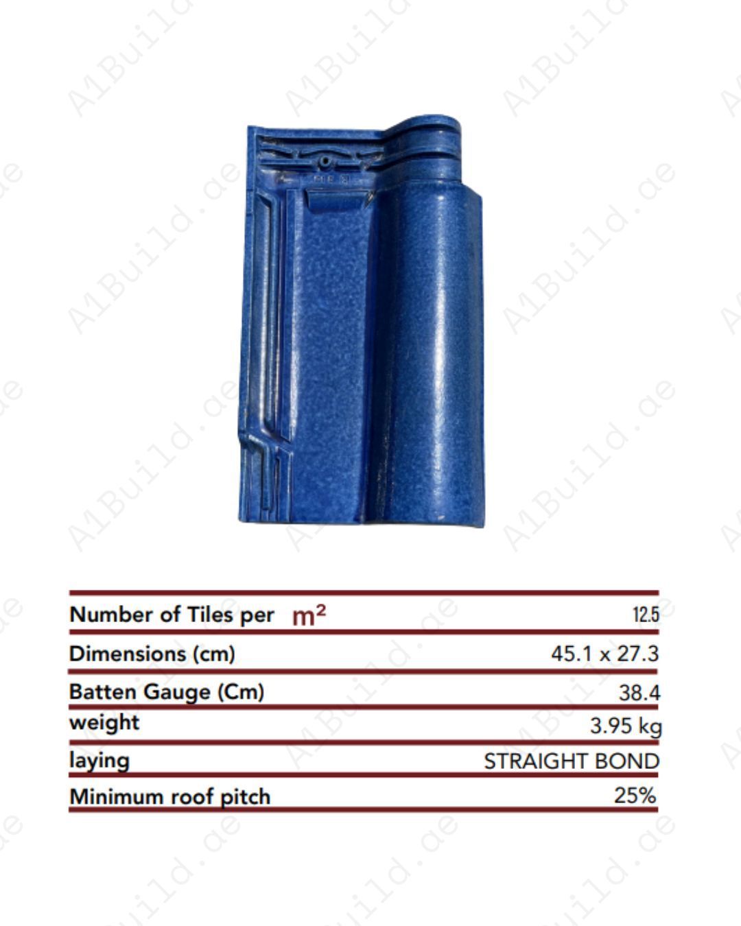 Premium Blue Dubai ceramic roof tile 45.1×27.3 cm with UV-resistant glossy finish. Strong, durable, and only 12.5 tiles per m² required for luxury home roofing.