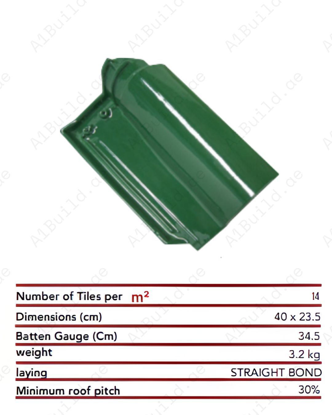 Premium Green Roof Tile 41.5×28.4 cm. 3.2kg ceramic tile, 14/m², straight bond. Durable, water-resistant, and elegantly glazed Perfect for classic homes.