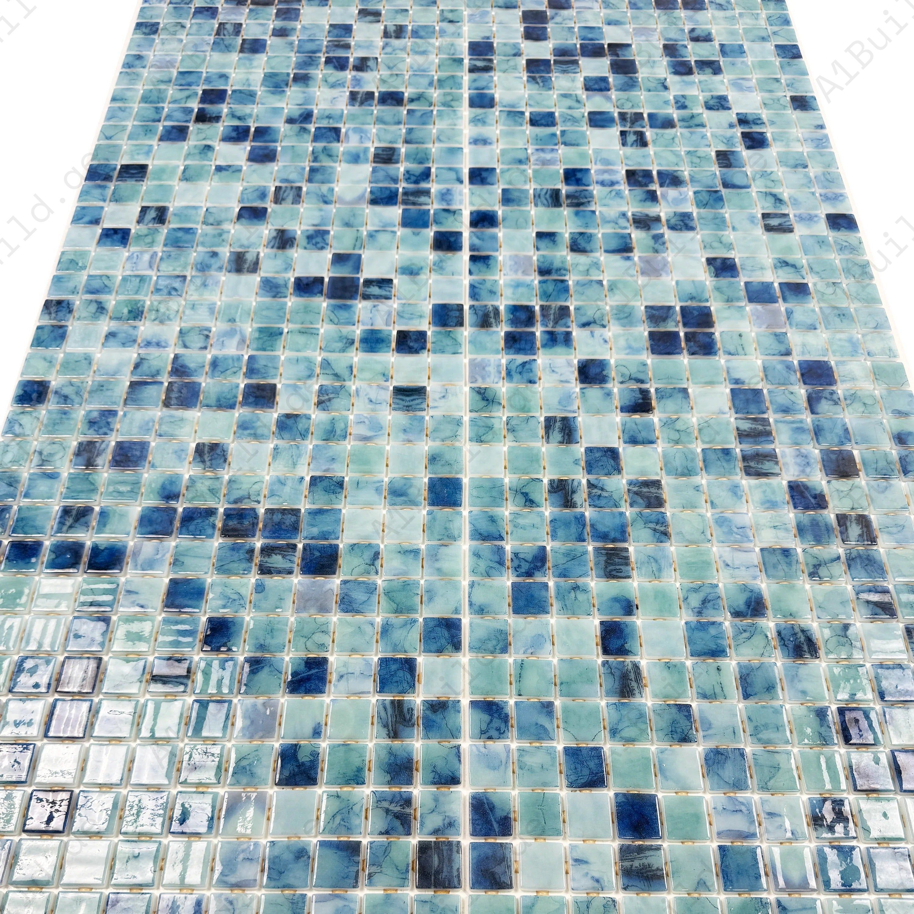 Premium Tiffany & Sapphire Blue recycled glass mosaic with UV, slip & chemical resistance—ideal for pools, spas, water walls & luxury outdoor projects.