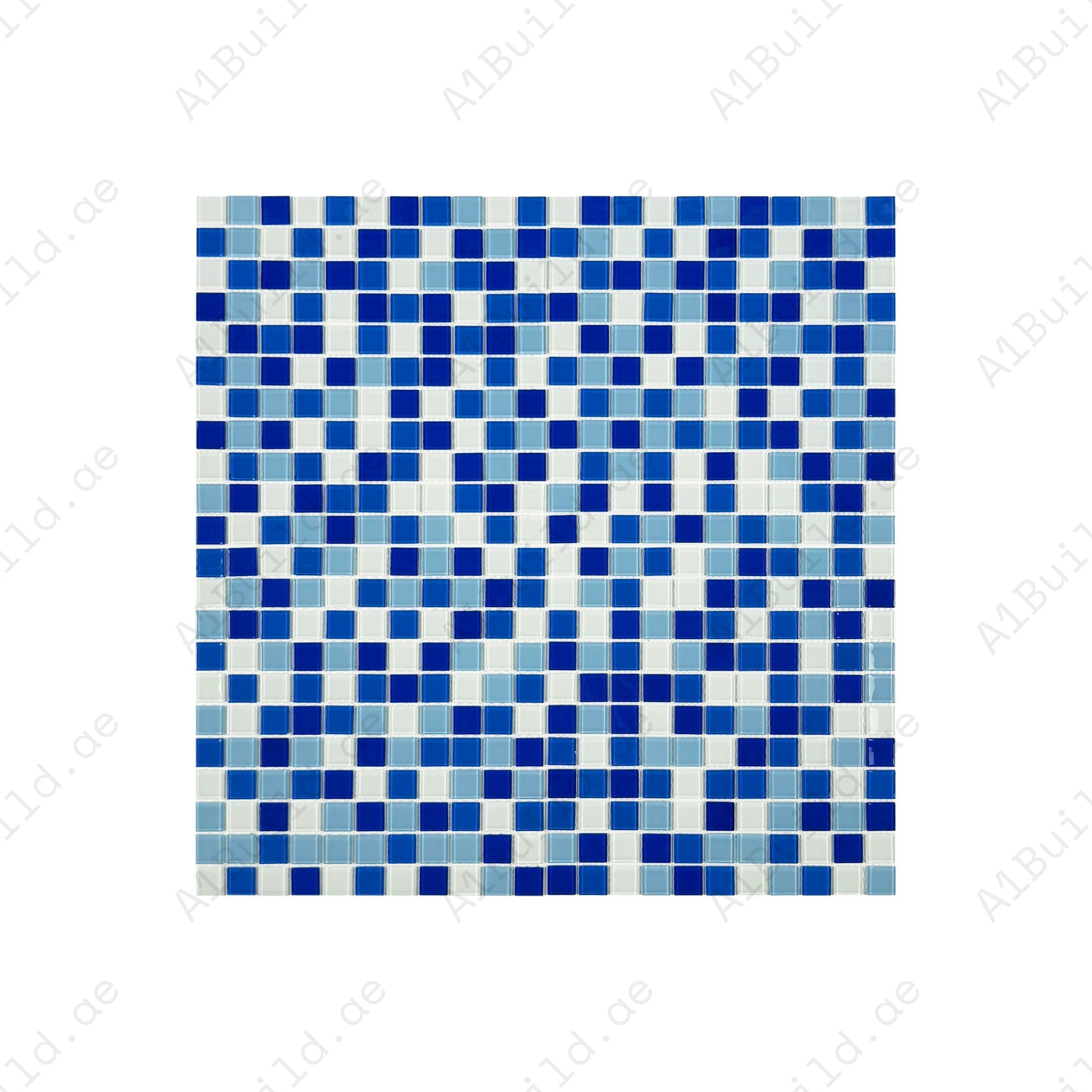 Premium White & Blue Crystal Glass Mosaic Tiles with UV, slip & corrosion resistance. Ideal for swimming pools, spas, bathrooms, kitchens & water features.