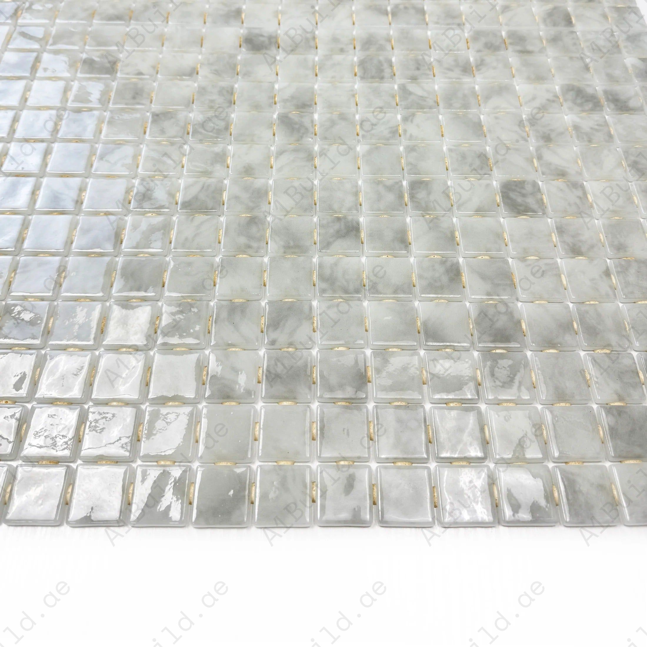 Premium White & Light Grey recycled glass mosaic tiles—UV, slip & chemical-resistant. Ideal for pools, spas, fountains & elegant water features in Dubai.