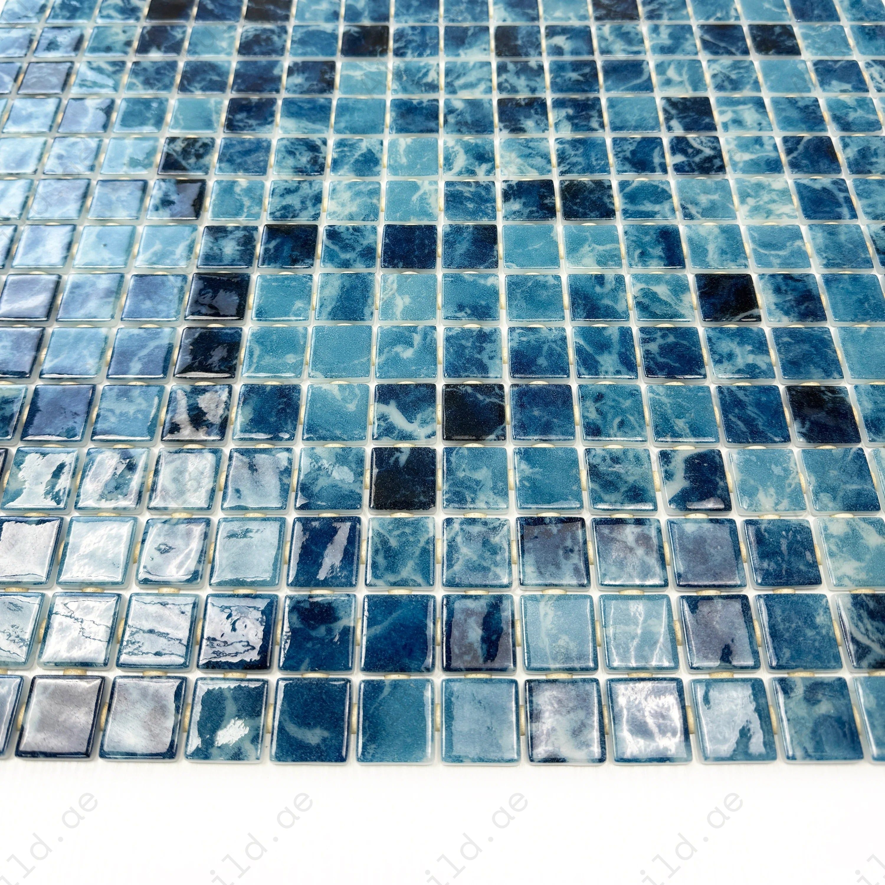 Premium teal blue recycled glass mosaic with elegant streaked texture, UV and slip-resistant, ideal for pools, spas, water features & outdoor luxury spaces.