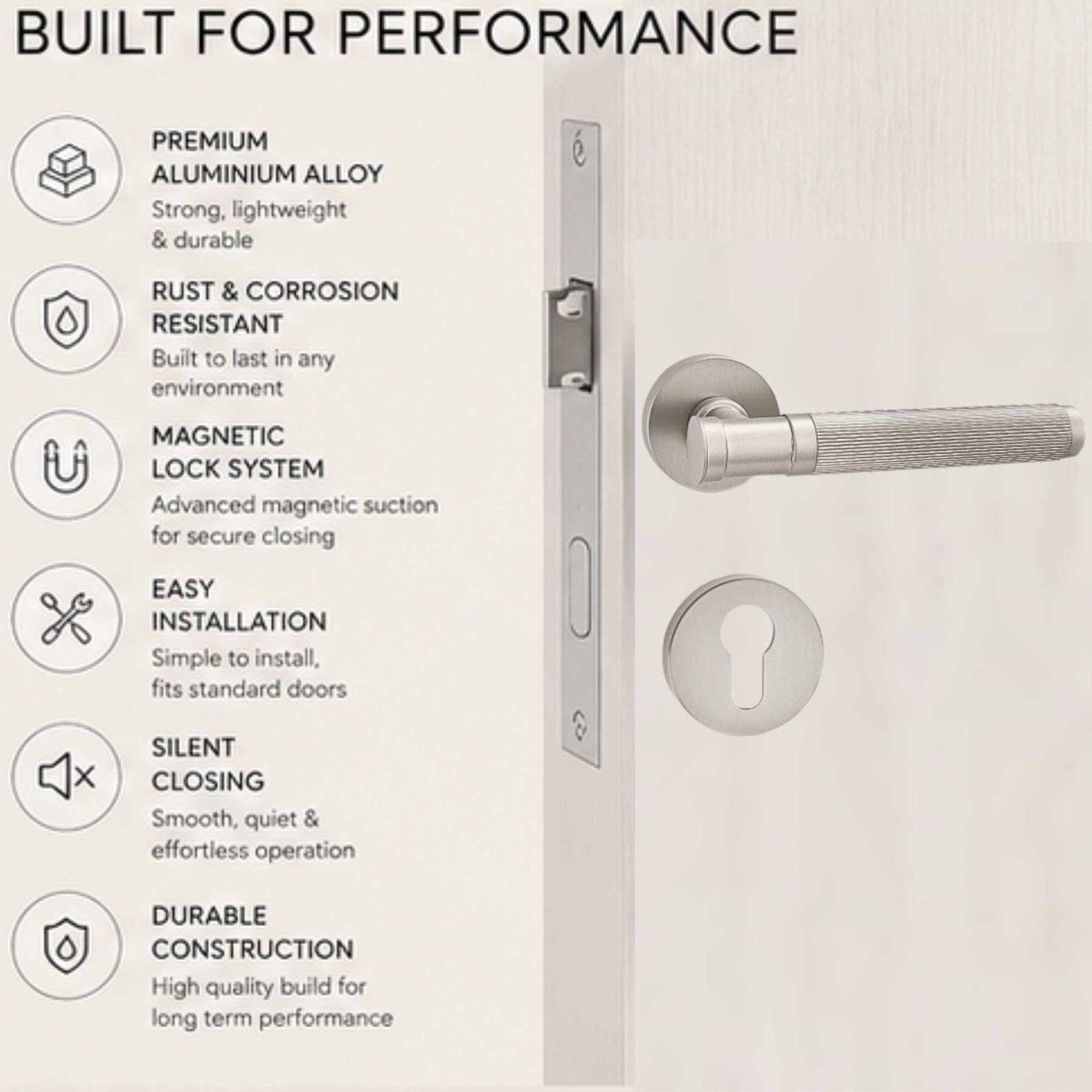 Premium zinc alloy magnetic door handle with silent lock system, modern minimalist design, and durable finish for luxury homes and offices.