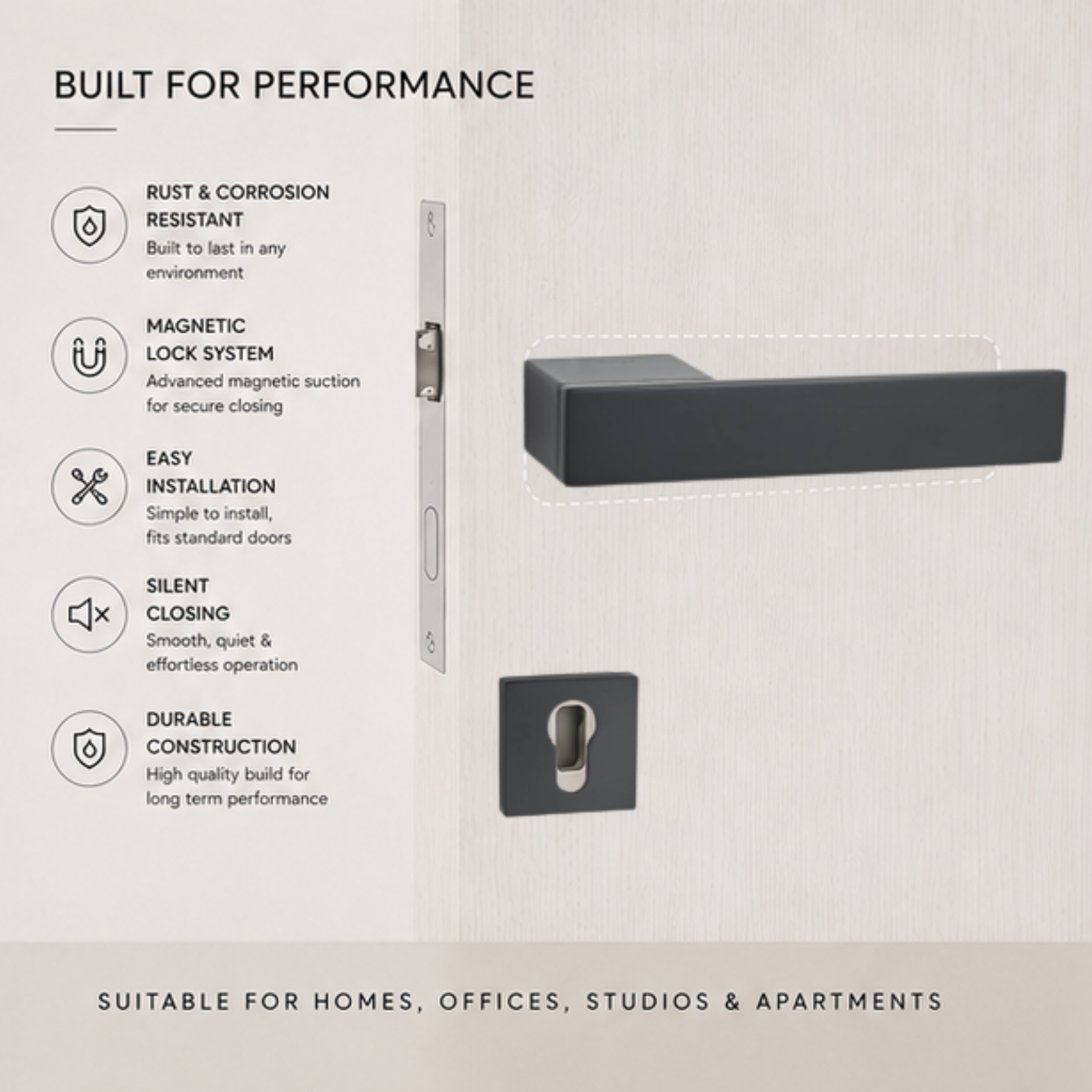 Premium zinc alloy minimalist door handle RH.9693 with black and satin finishes, designed for modern interiors, hotels, offices, and luxury homes.