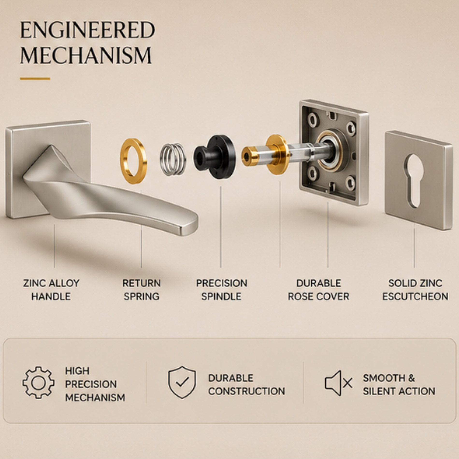 RH.9518 luxury zinc alloy door handle with Black Satin Nickel, Satin Brass and Satin Nickel PVD finishes. Premium hardware for modern interiors.