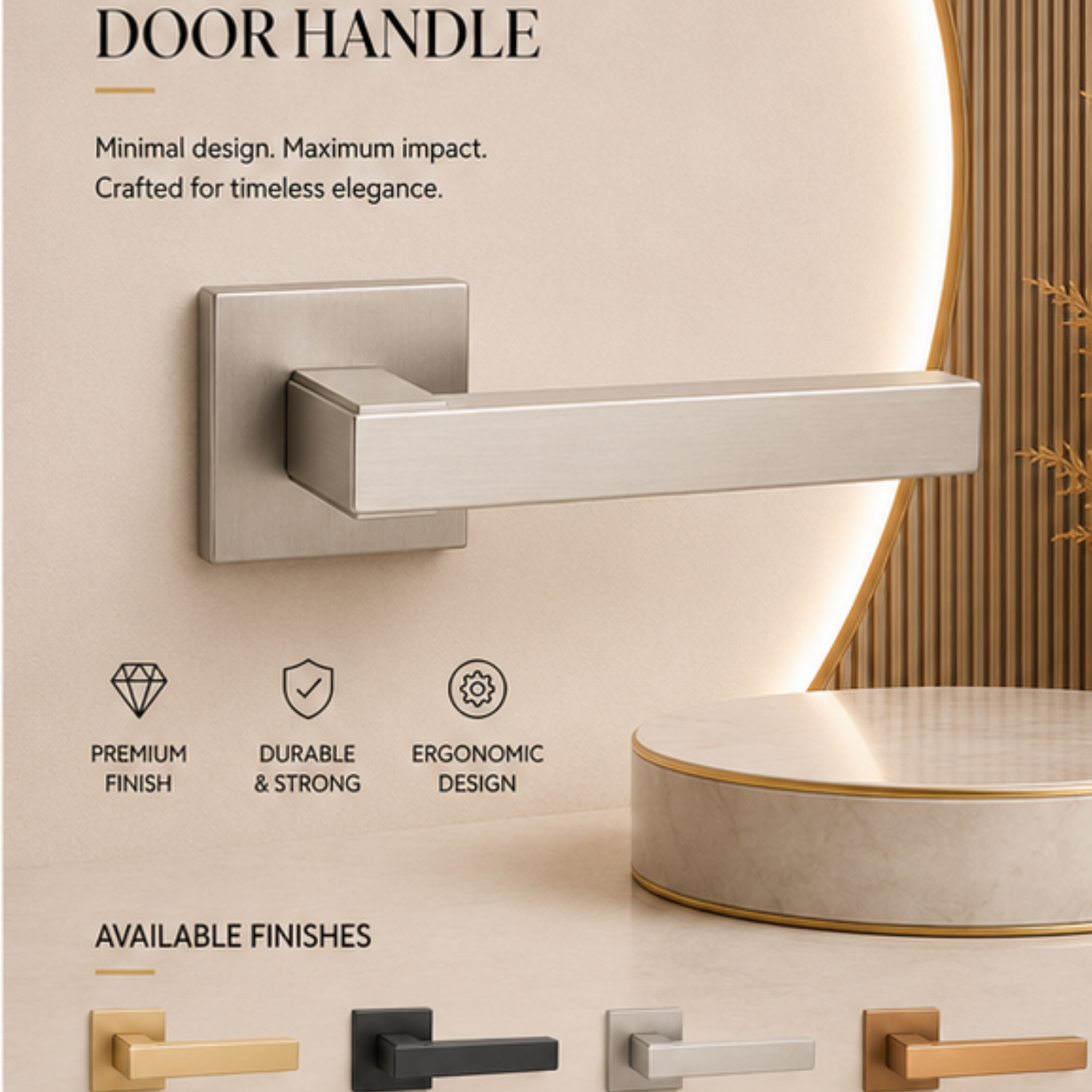 RH.9633 luxury zinc alloy door handle in Black, Matt Satin Nickel and Matt Antique Brass finishes. Premium architectural hardware for modern interiors.