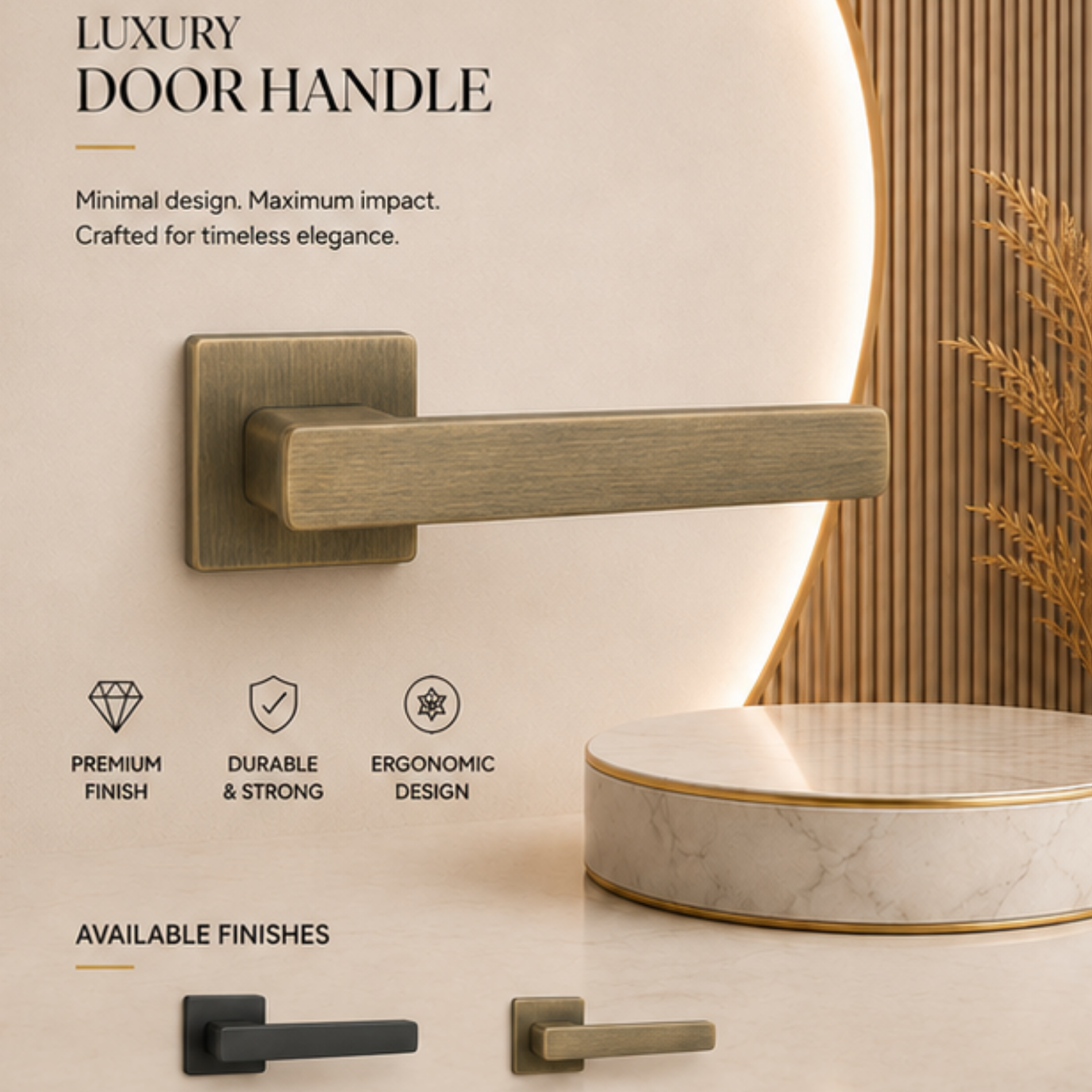 RH.9644 luxury zinc alloy door handle in Black and Matt Antique Brass finishes. Premium architectural hardware for modern luxury interiors.