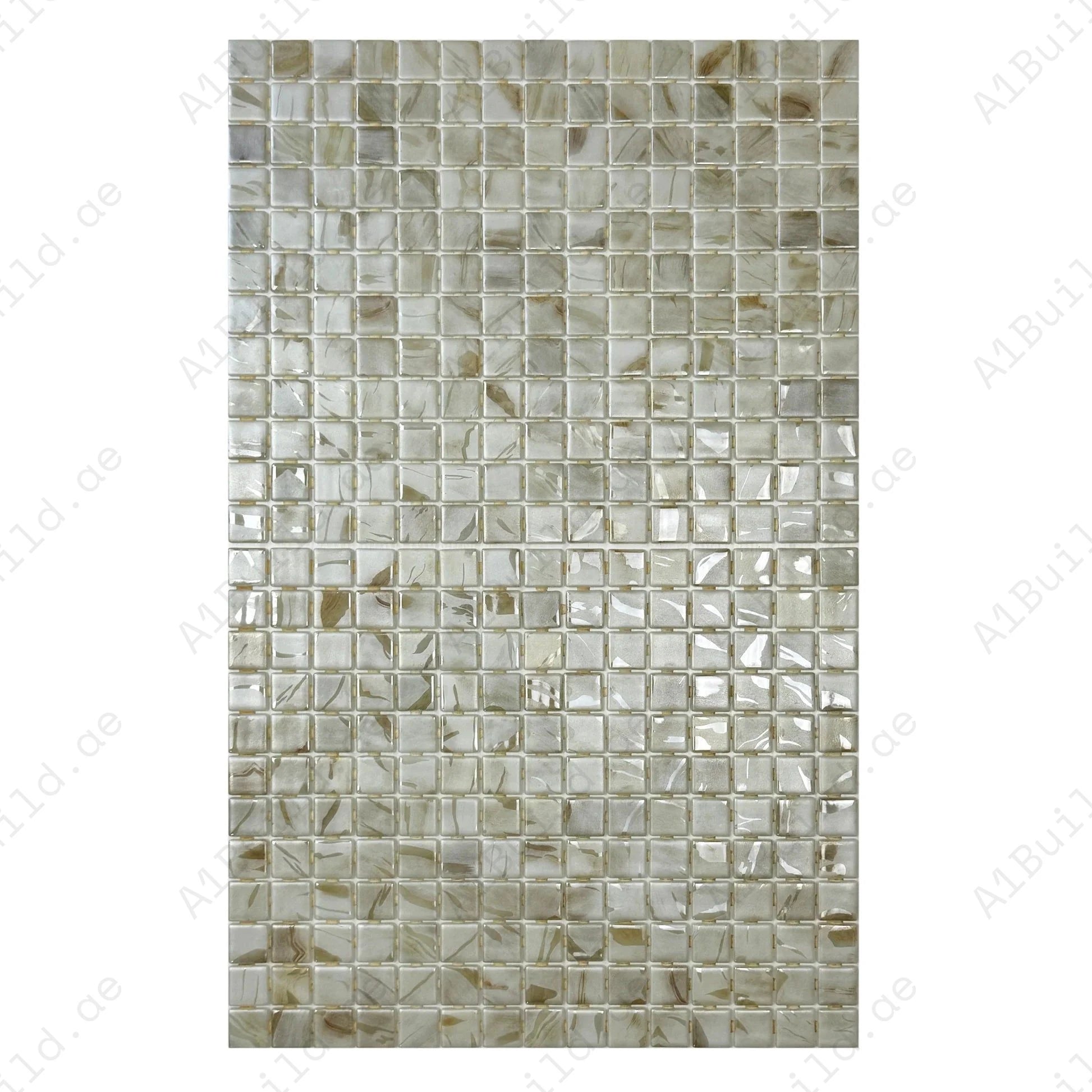 Recycled glass mosaic in off white, beige & light tan streaks. UV-resistant, slip-proof & durable—perfect for pools, spas, water features & wall décor.