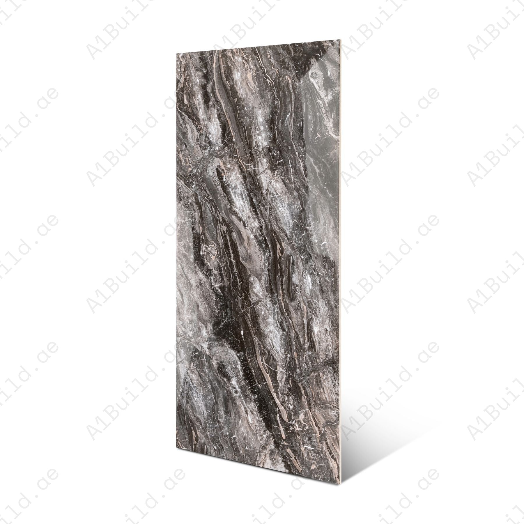 Royal Obsidian glossy porcelain tile 60x120cm with 9mm thickness features deep black tones, bold natural veining and elegant polished surface finish.