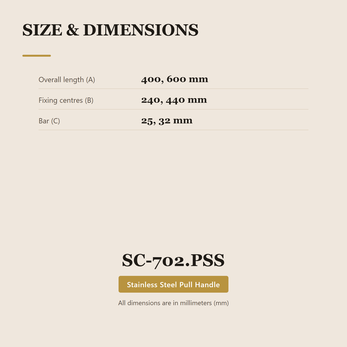 SC-702.PSS premium stainless steel pull handle from the Stainless Steel Door Lock Series. 400, 600 mm lengths, 240, 440 mm centres, Ø25 / Ø32 mm section. Built for smooth, reliable everyday use.