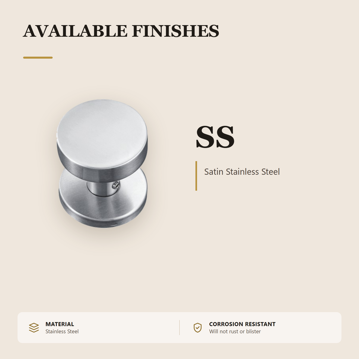 SE-103.SS premium stainless steel door knob from the Stainless Steel Door Lock Series. Ø53 mm knob standing 50 mm proud on a Ø53 mm rose. Built for smooth, reliable everyday use.