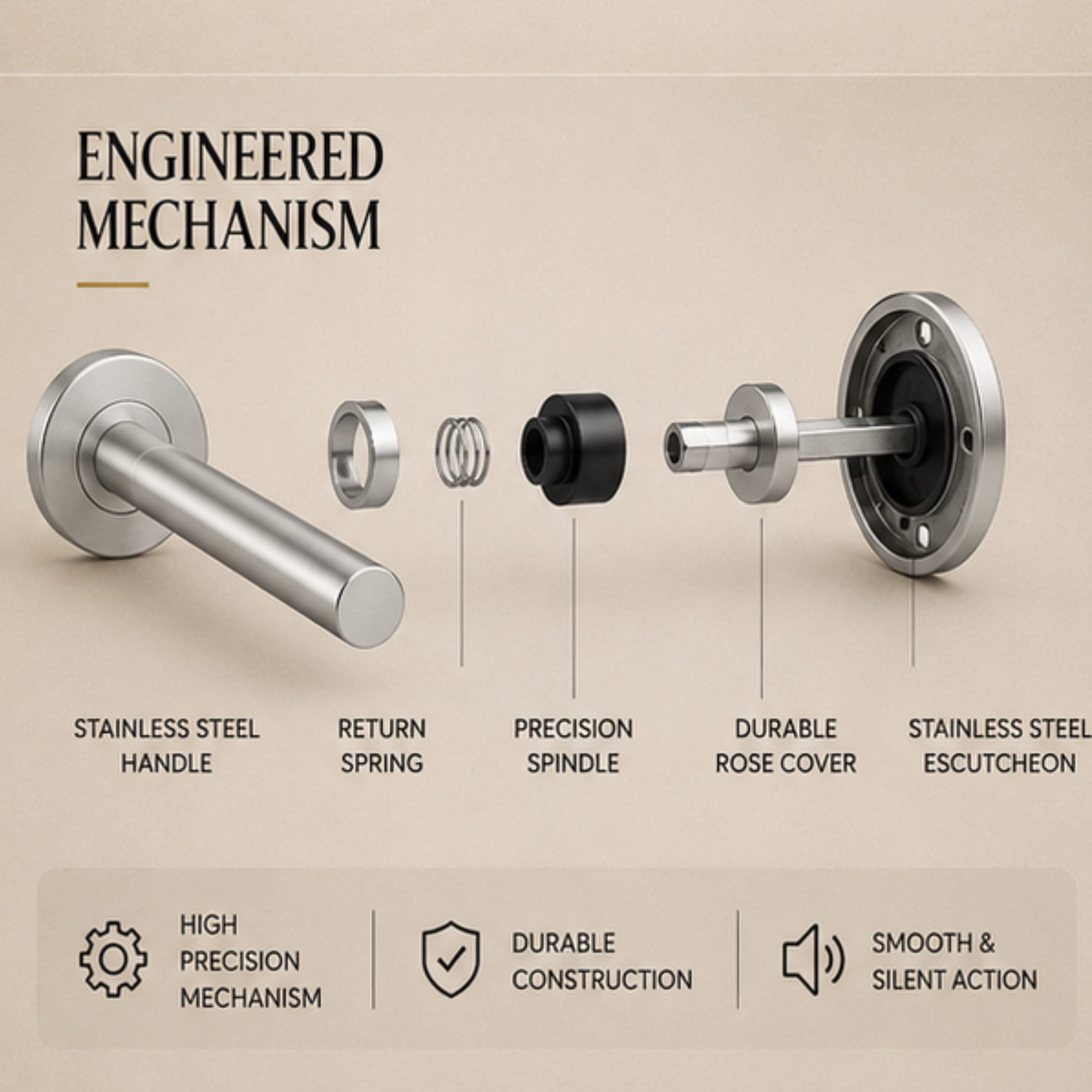 SRH.02 premium stainless steel door lock handle with a sleek brushed finish. Perfect for luxury homes, hotels, offices, and contemporary interior spaces.