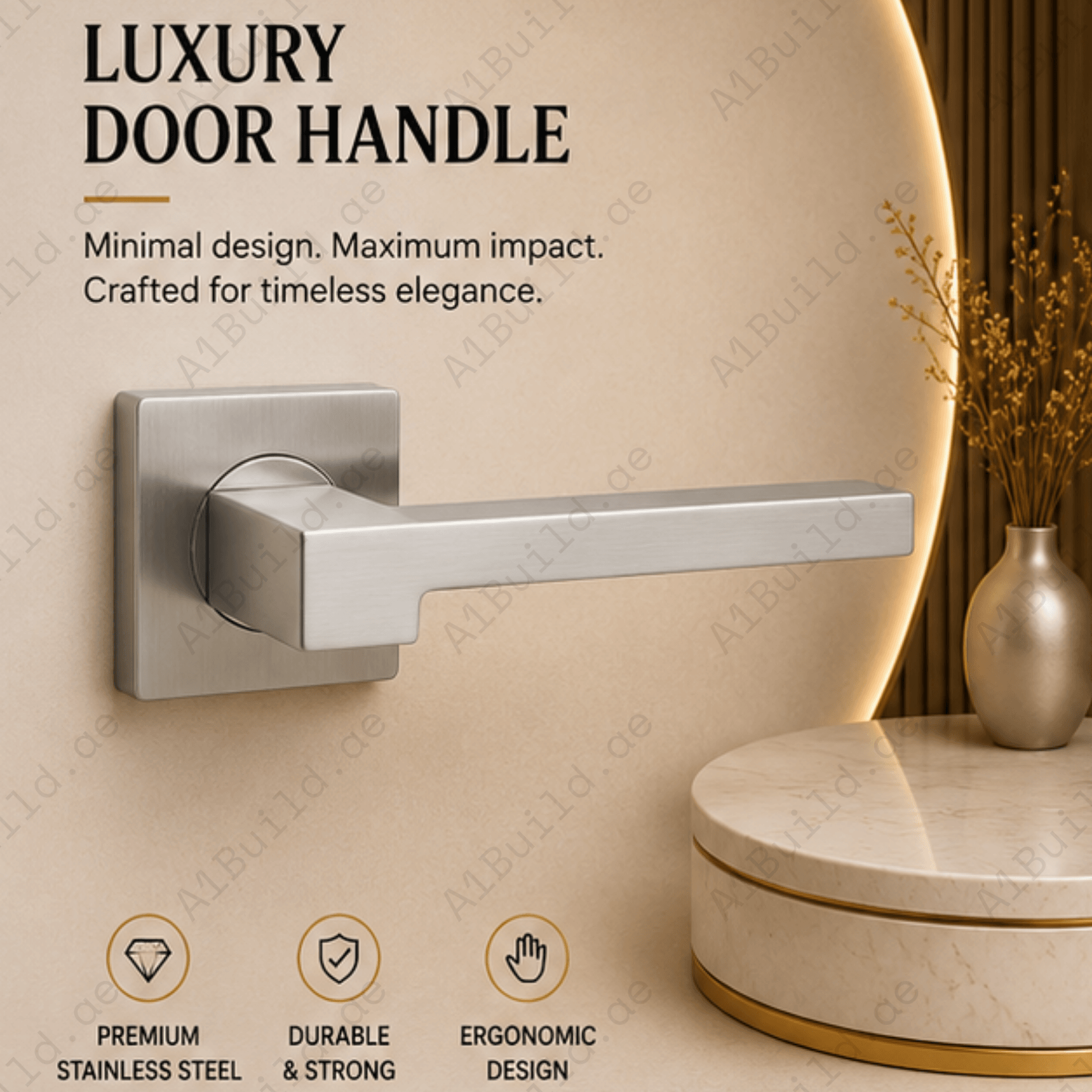 SRH.258.SS.F stainless steel door handle with brushed SS finish, 135 mm width and 53 mm length. Suitable for homes, hotels, offices, and modern interiors.