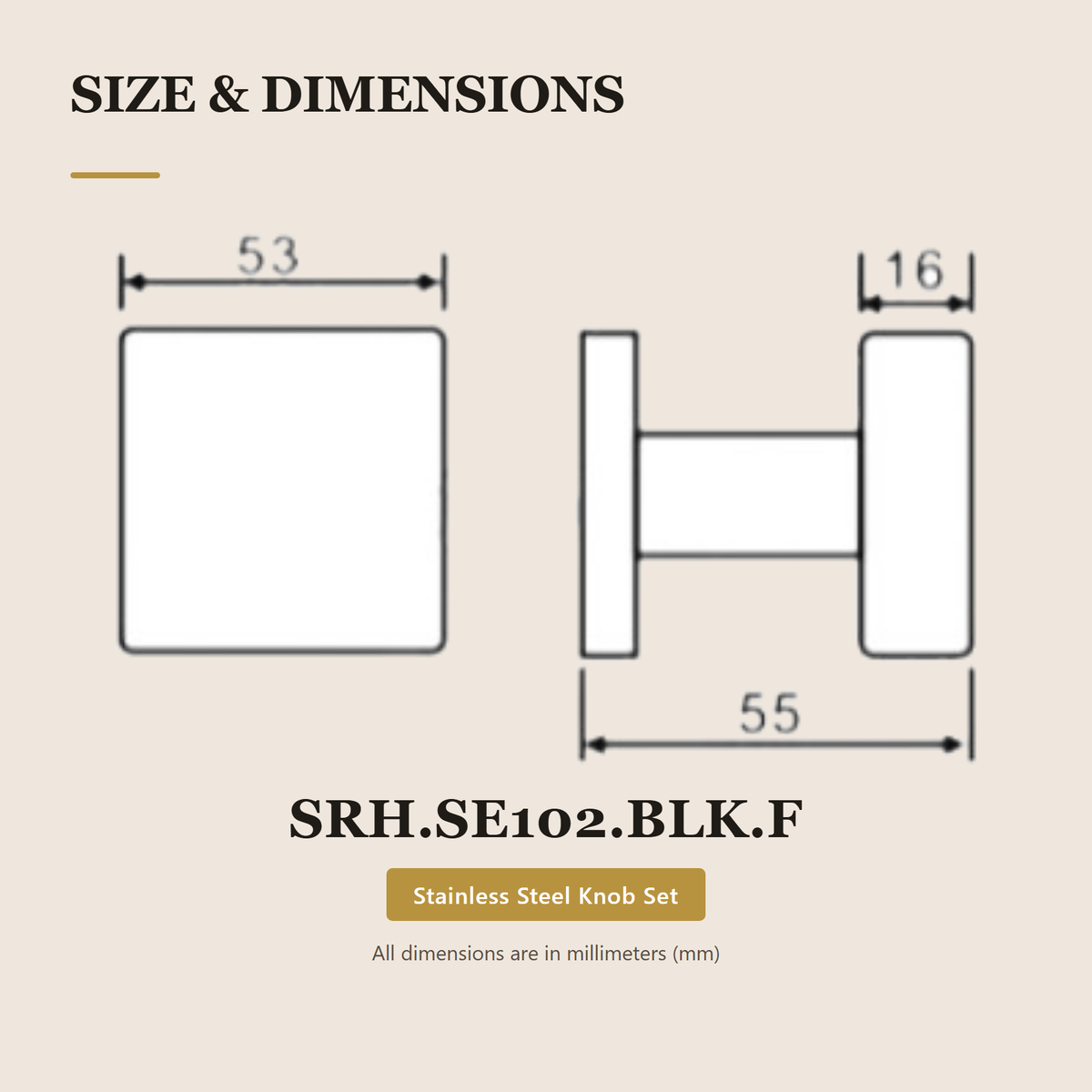 SRH.SE102.BLK.F premium stainless steel square knob set from the Stainless Steel Door Lock Series. 53 mm square rose, 55 mm projection, for 35 to 55 mm doors. Built for smooth, reliable everyday use.