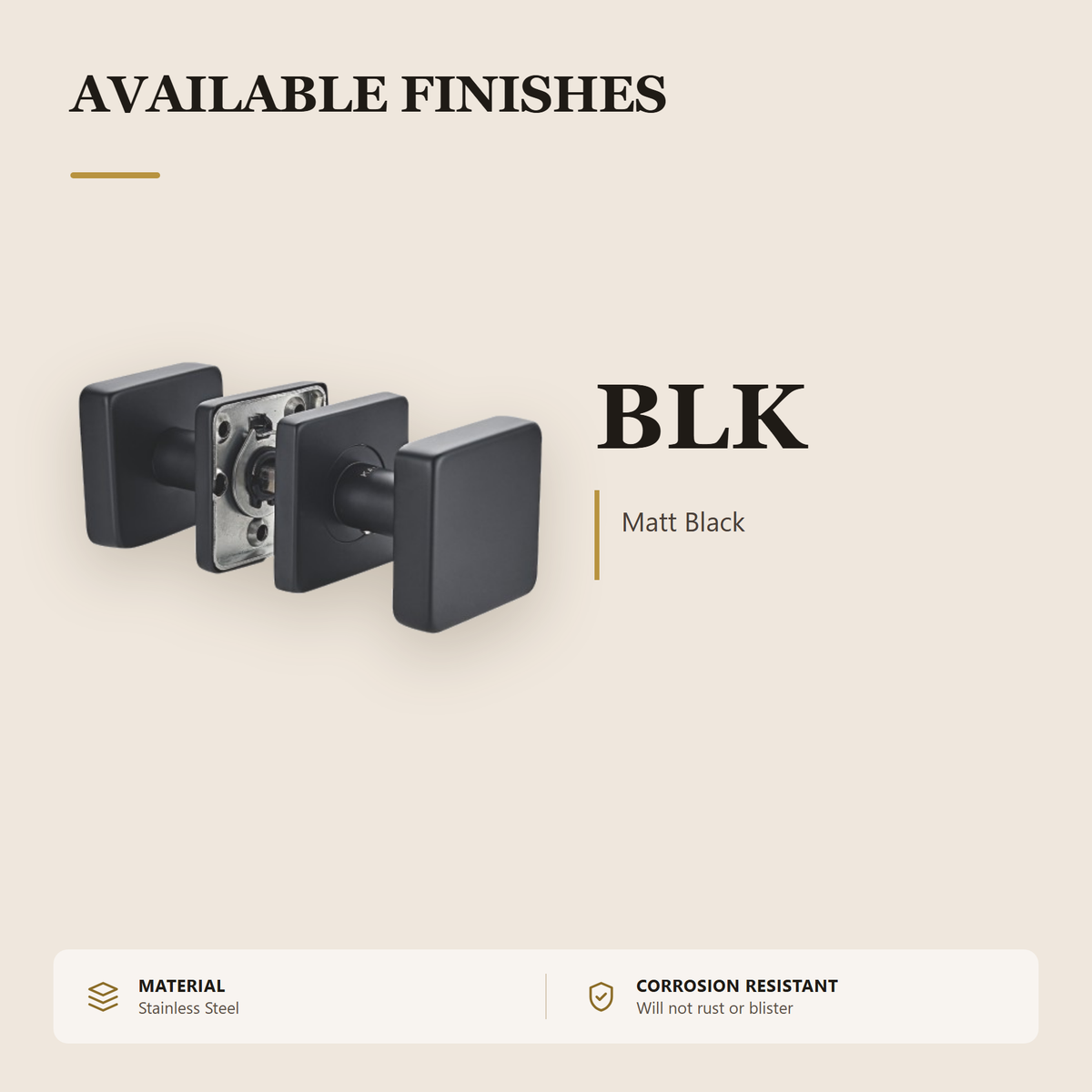 SRH.SE102.BLK.F premium stainless steel square knob set from the Stainless Steel Door Lock Series. 53 mm square rose, 55 mm projection, for 35 to 55 mm doors. Built for smooth, reliable everyday use.