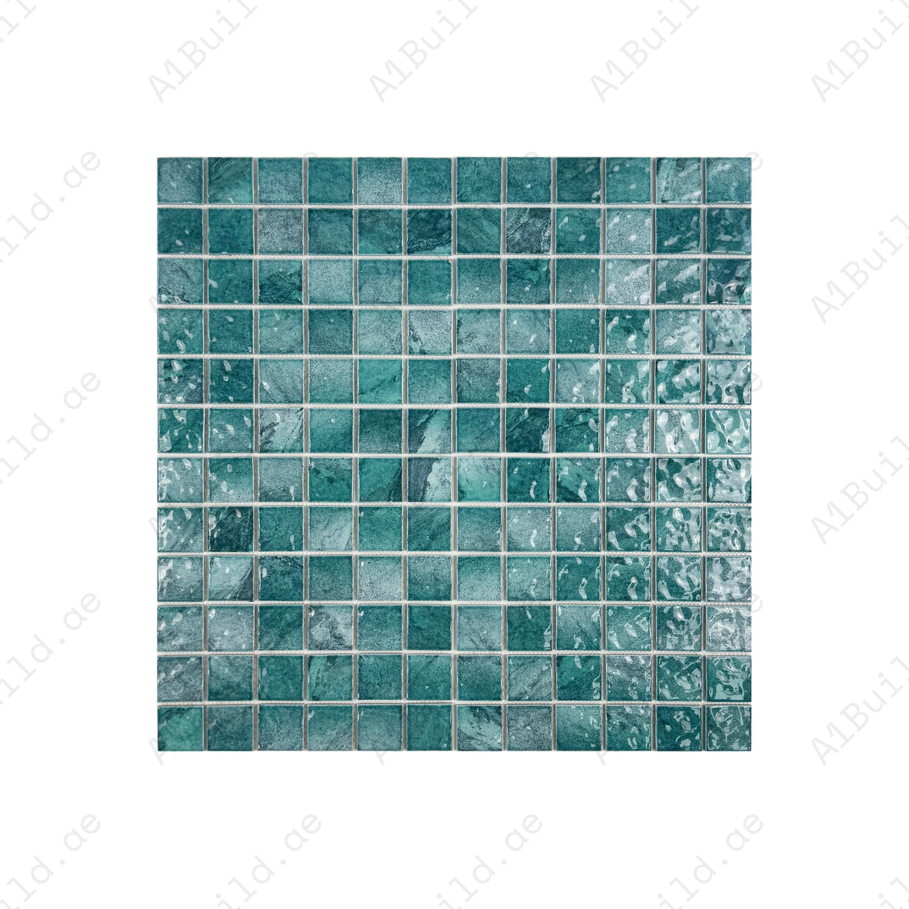 Serene Wave Forest Green marble-effect porcelain mosaic. Ideal for pools, spas & water features. UV-resistant, slip-proof & eco-friendly with lasting beauty.