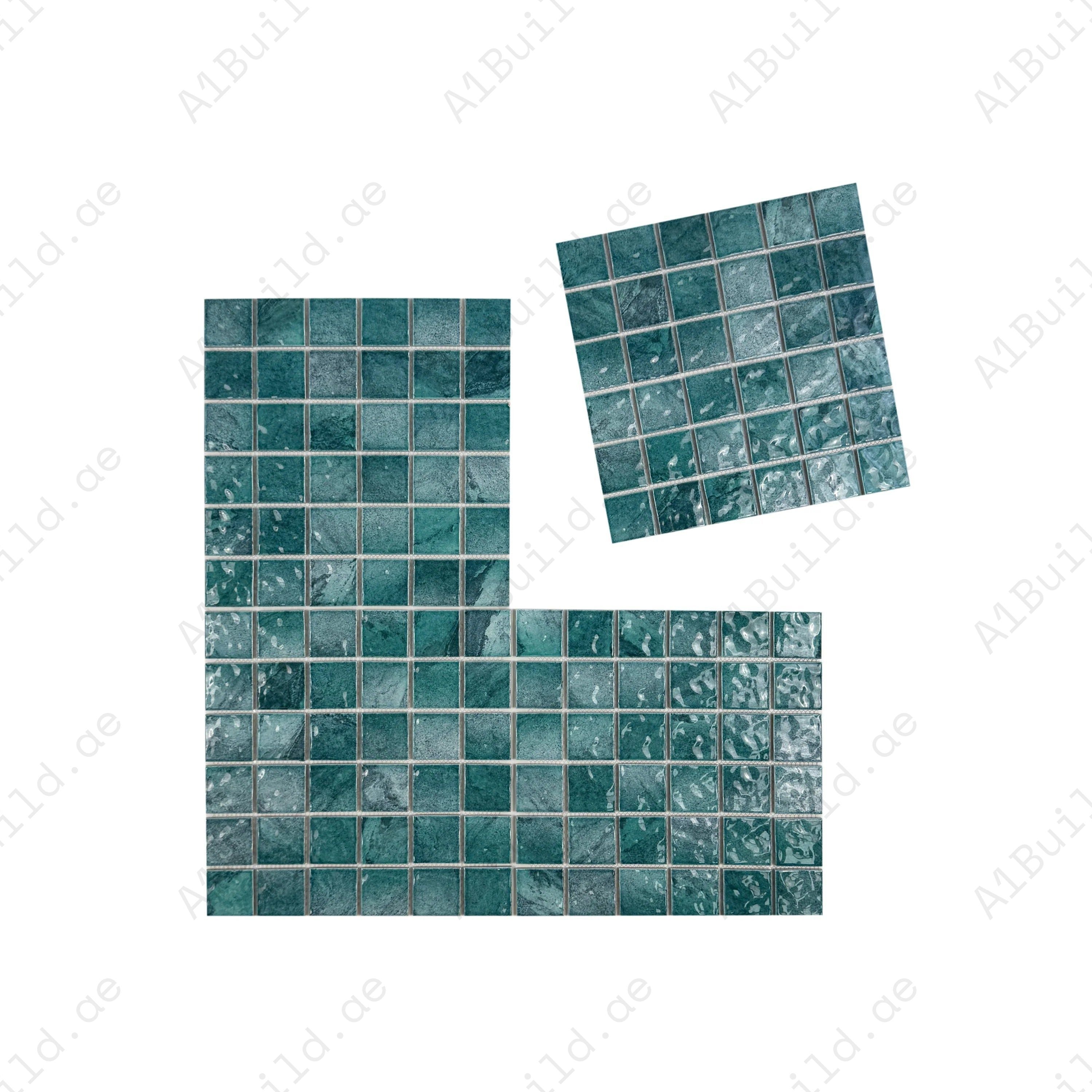 Serene Wave Forest Green marble-effect porcelain mosaic. Ideal for pools, spas & water features. UV-resistant, slip-proof & eco-friendly with lasting beauty.