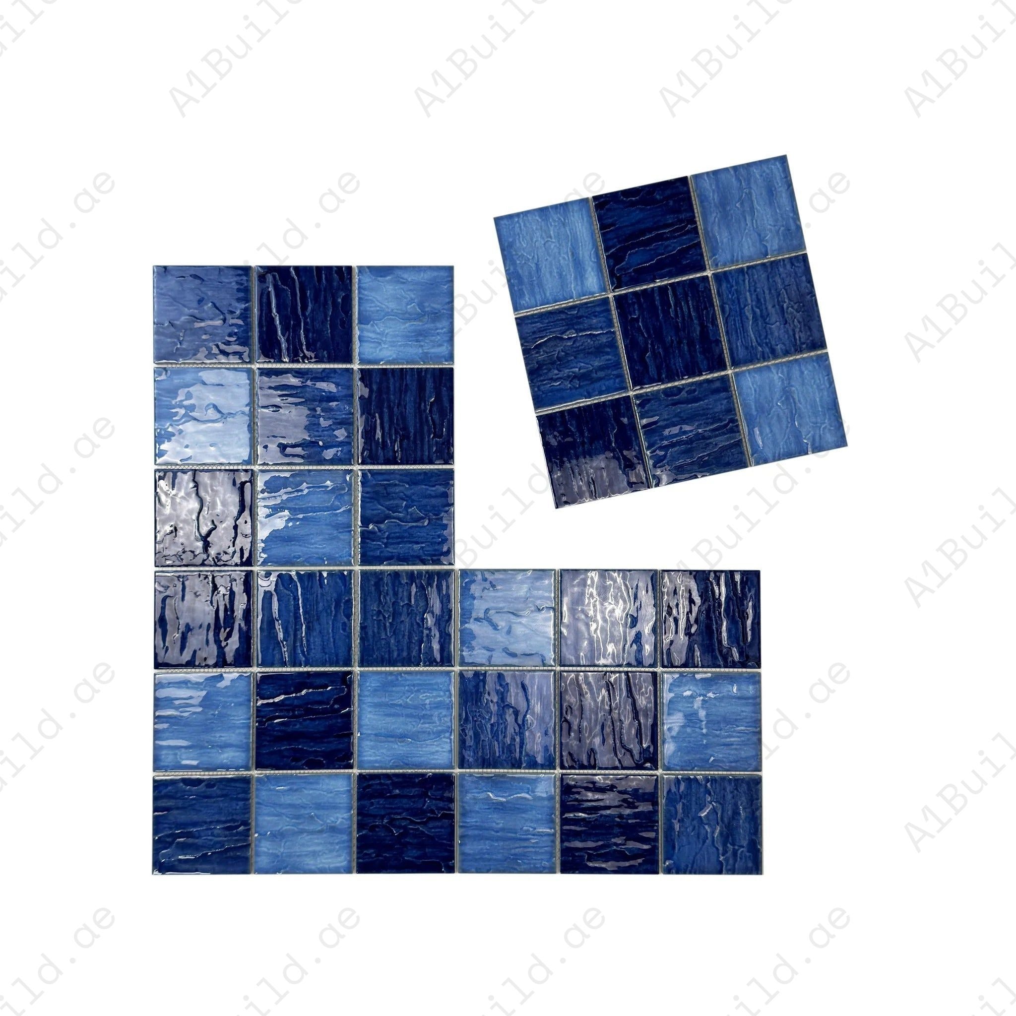 Serene Wave French & Navy Blue 3D crystalline porcelain mosaic—UV-stable, slip-resistant & eco-friendly. Perfect for pools, spas & luxury water features.
