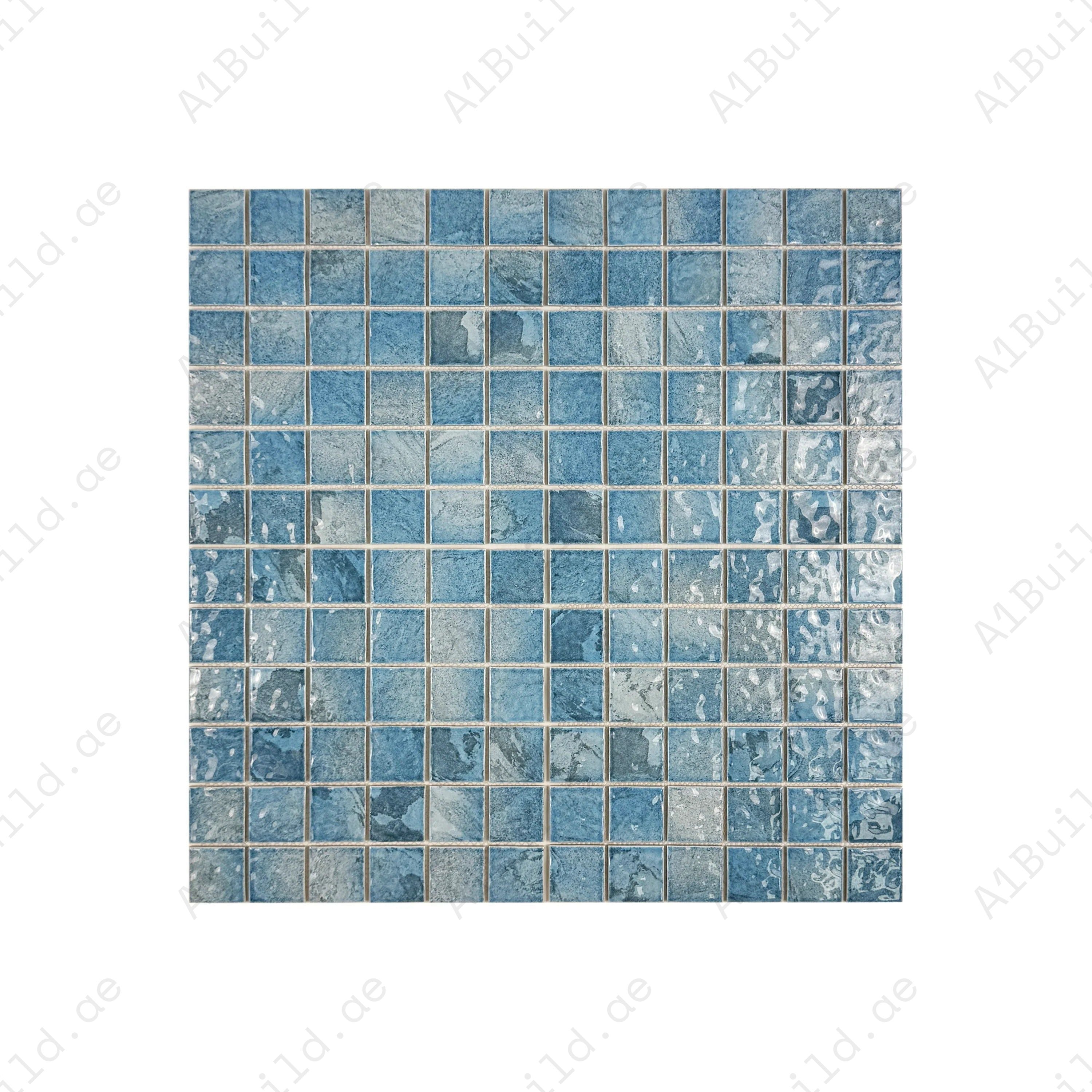 Serene Wave Light & Cyan Blue mixed marble porcelain mosaic. Perfect for pools, spas & water features. UV-resistant, slip-proof & eco-friendly design.