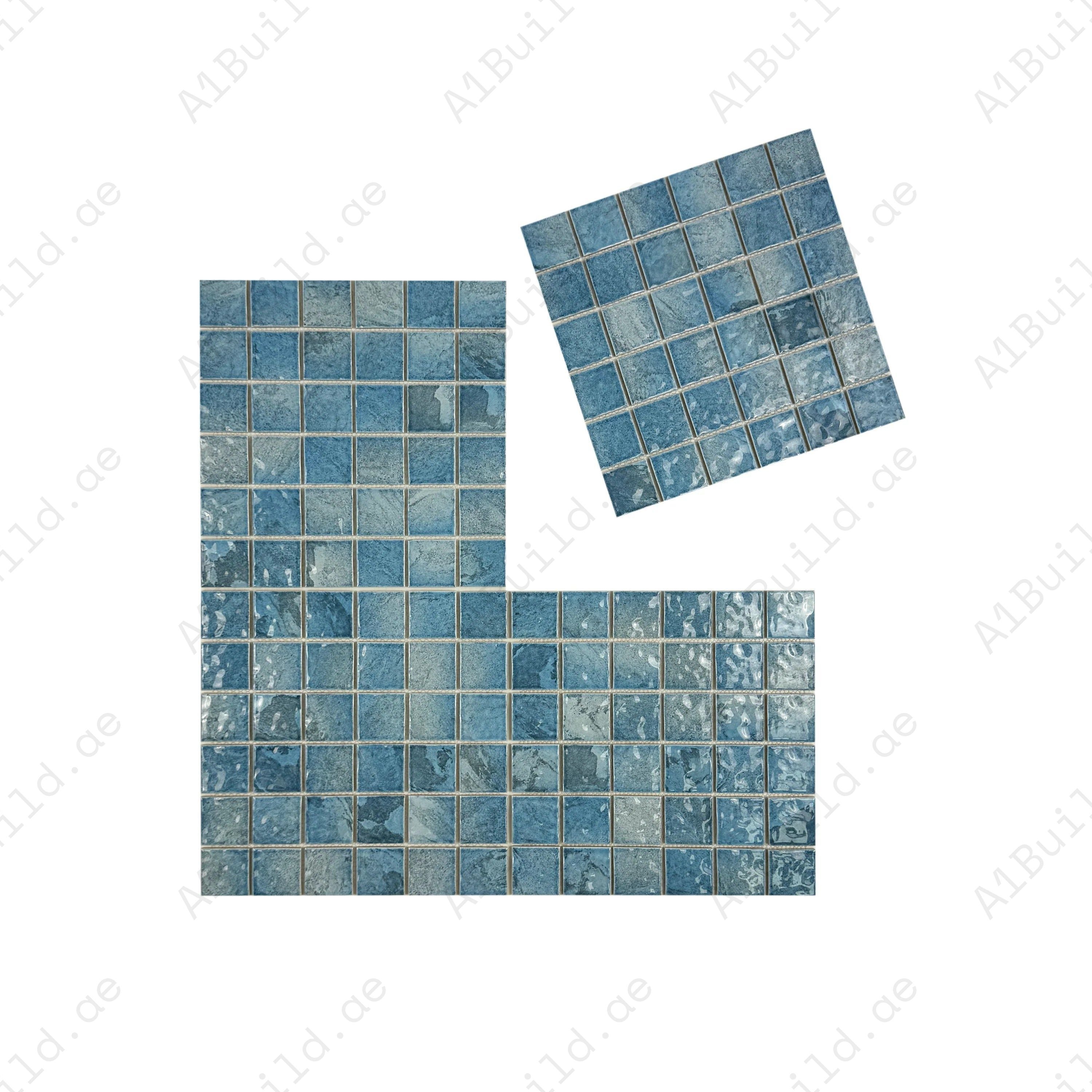 Serene Wave Light & Cyan Blue mixed marble porcelain mosaic. Perfect for pools, spas & water features. UV-resistant, slip-proof & eco-friendly design.