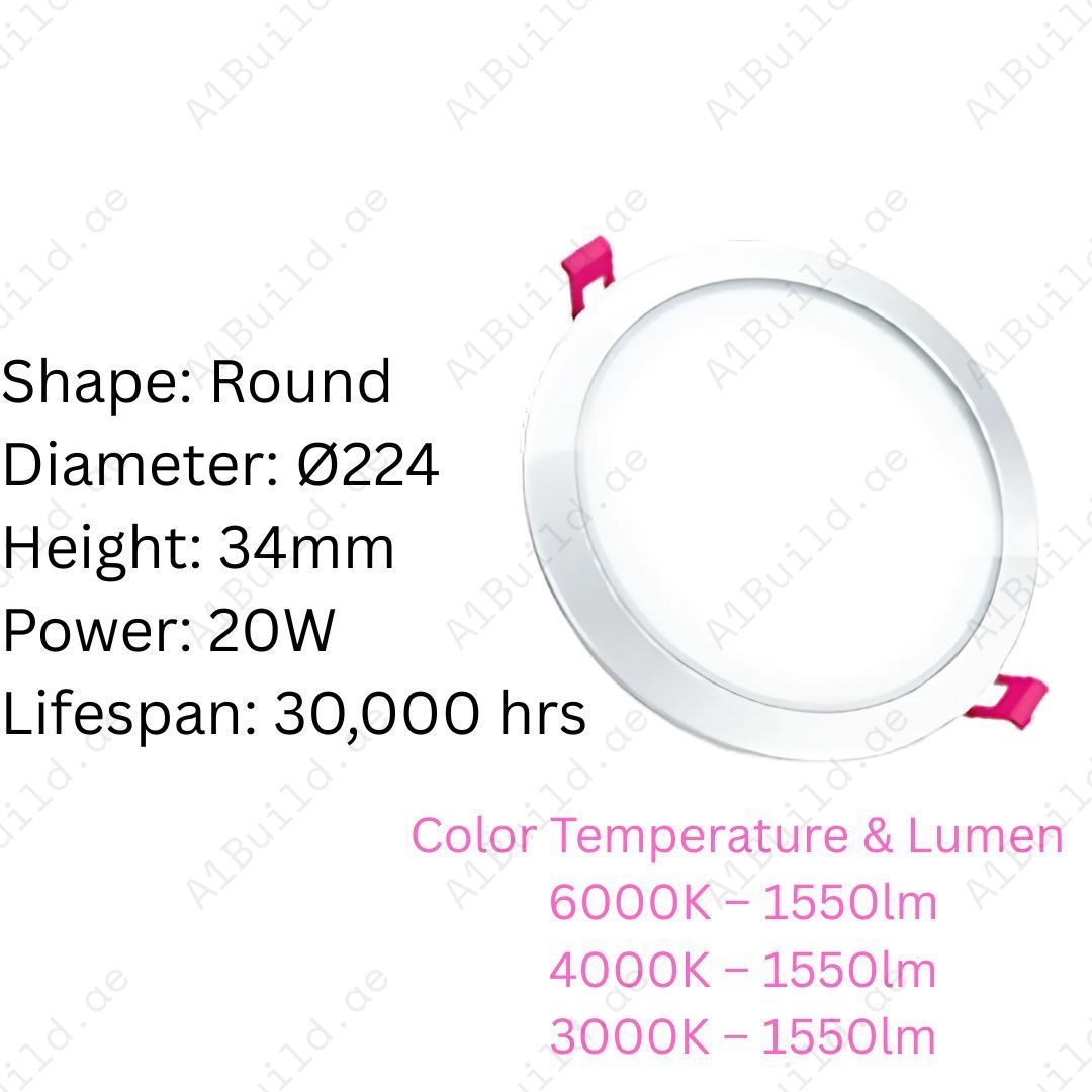 20W LED Panel Downlight with 1550lm brightness, 120° beam angle & 30,000hrs lifespan. Slim recessed ceiling light for modern homes and offices.