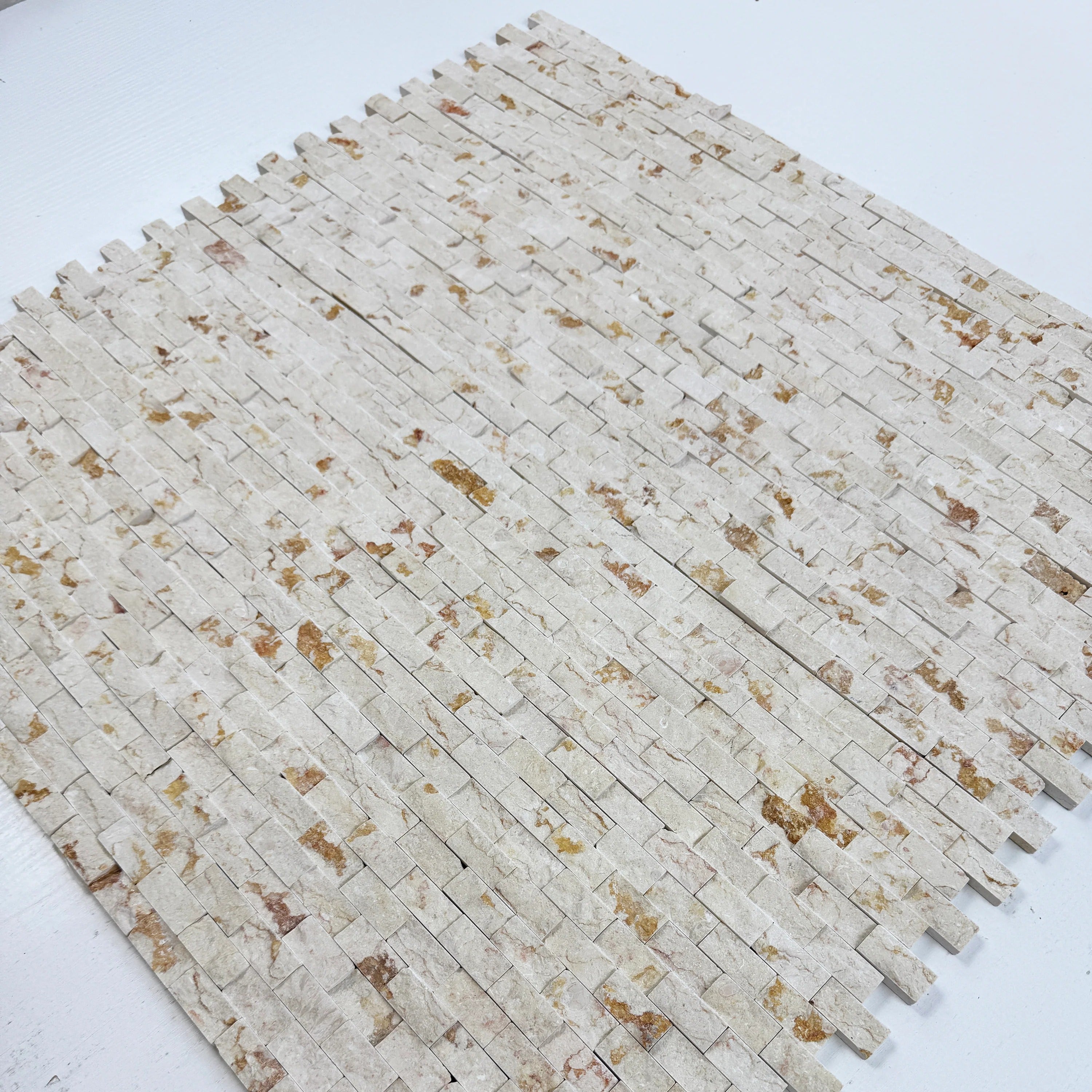 Shop Beverly Luxe Series Sunny Beige Split Surface Marble Mosaic. Premium marble design, 15x30 mm, elegant beige tone, ideal for walls, bathrooms, and kitchens.
