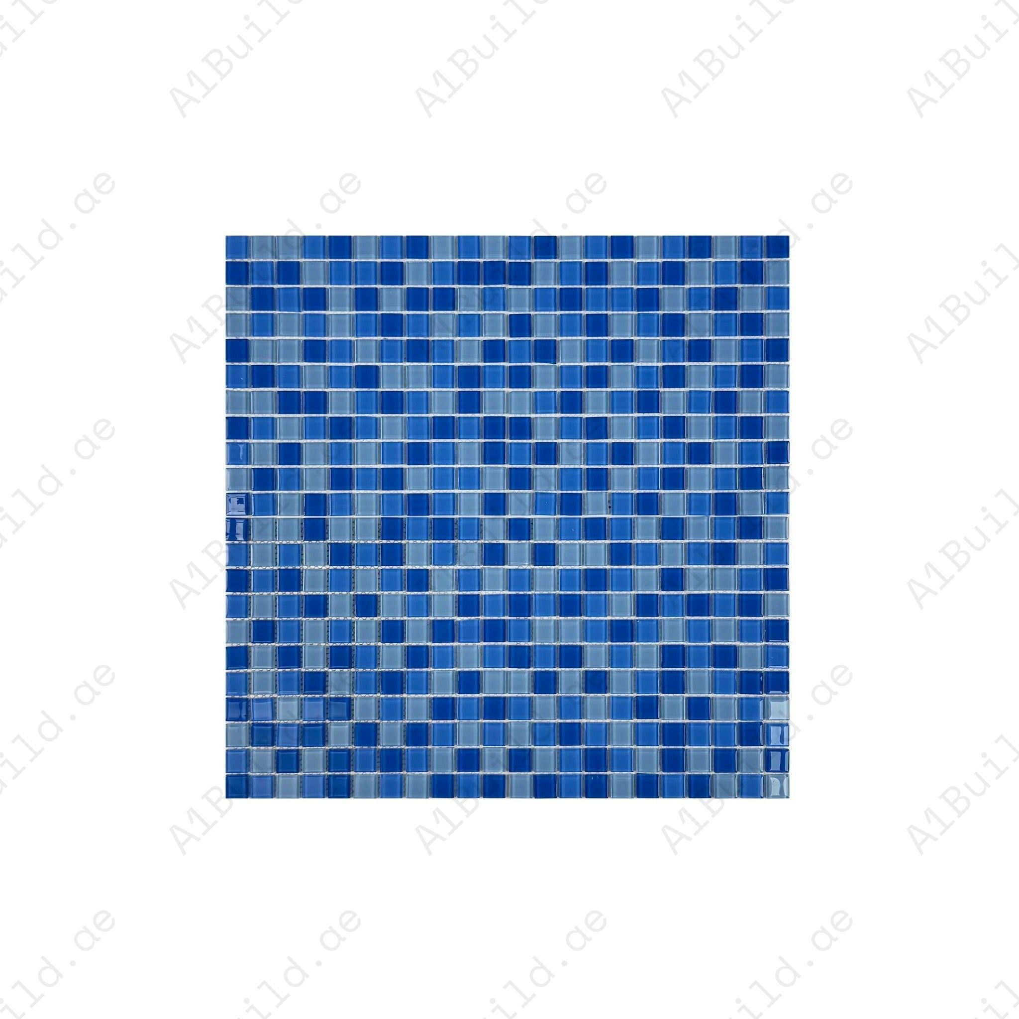 Sky Blue, French Blue & Cobalt Blue mixed crystal glass mosaic. UV-stable, slip-resistant & eco-friendly—ideal for pools, spas, water walls & coastal wet zones.