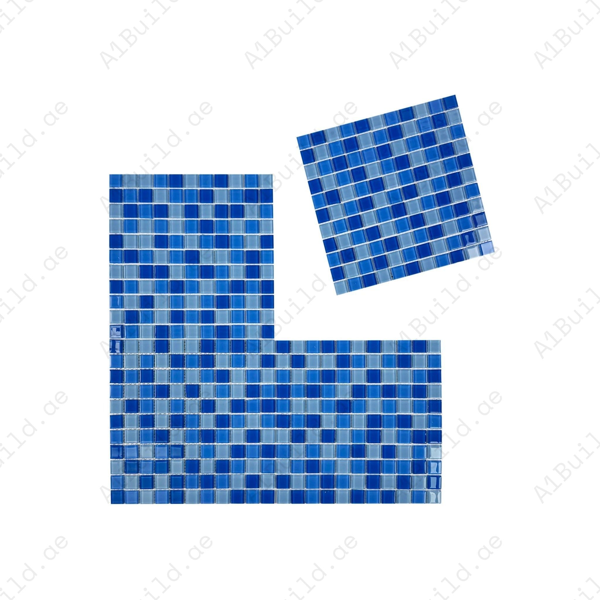 Sky Blue, French Blue & Cobalt Blue mixed crystal glass mosaic. UV-stable, slip-resistant & eco-friendly—ideal for pools, spas, water walls & coastal wet zones.