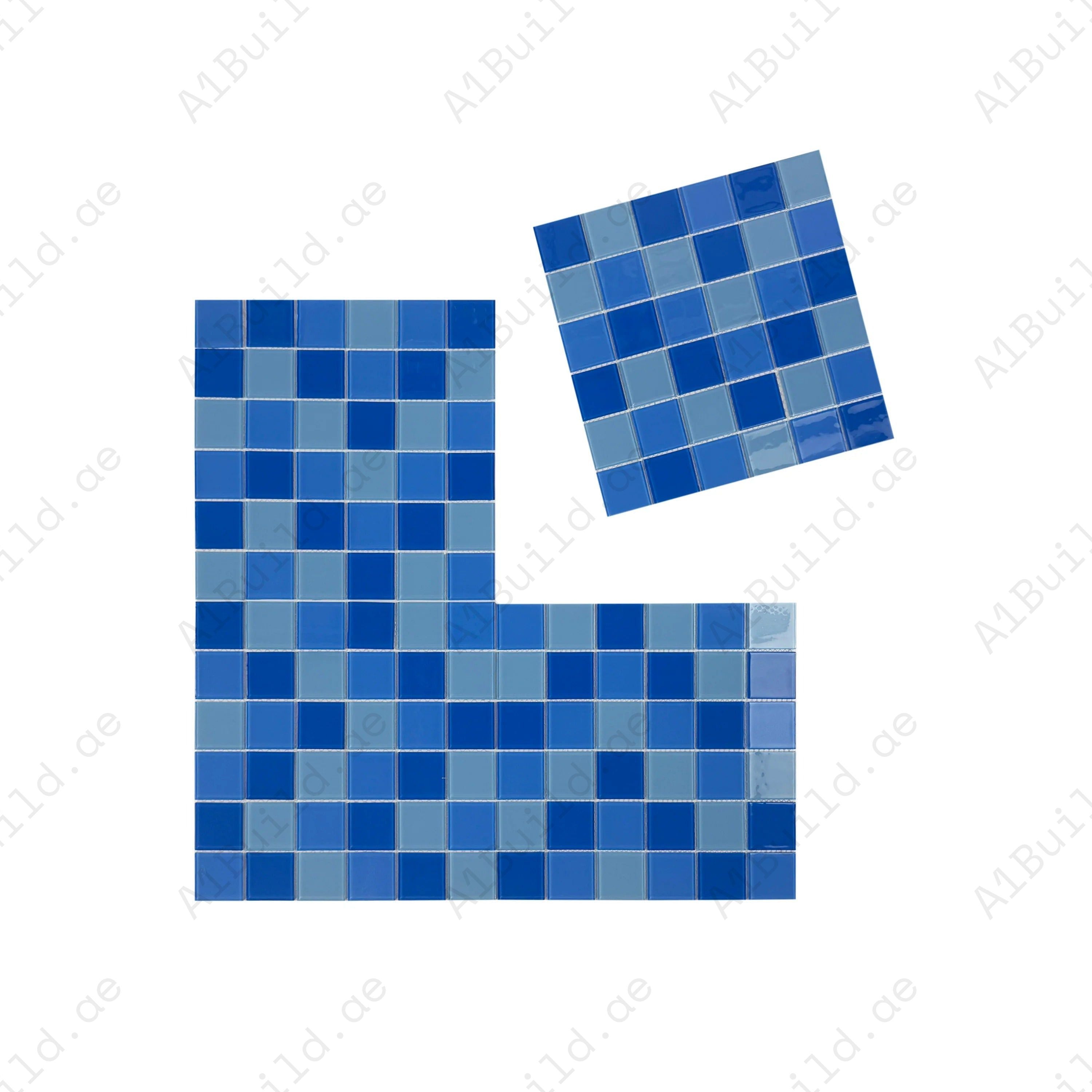 Sky, French & Light Blue mixed crystal glass mosaic tiles with UV protection, slip resistance & eco-friendly design—perfect for pools, spas & water features.