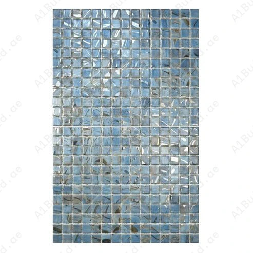 Sky, baby blue & earthy brown recycled glass mosaic tile with streaks and swirls. Durable, slip-resistant, UV-proof—perfect for pools, spas & feature walls.