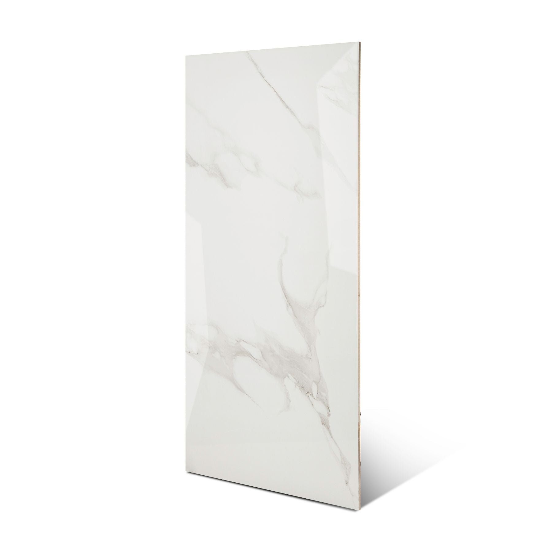 Smoke Statuario glossy marble porcelain tile 60x120cm with 9mm thickness features white base, smoky grey veining and polished finish.