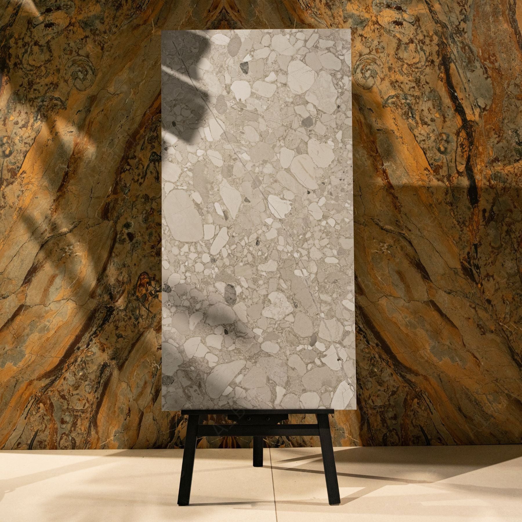 Sparkle Roman Crema porcelain tile with refined stone texture, soft sparkle effect and durable 9mm thickness for luxury spaces.