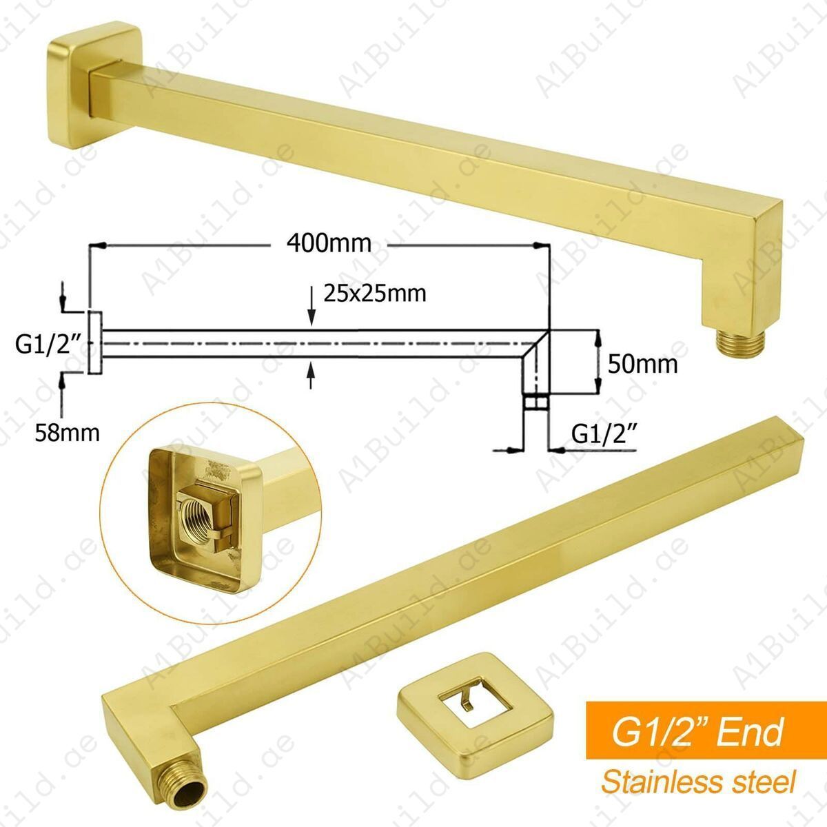 Square Shower Arm 400mm – Premium Gold Finish, 100% Made in Germany | Hesanit