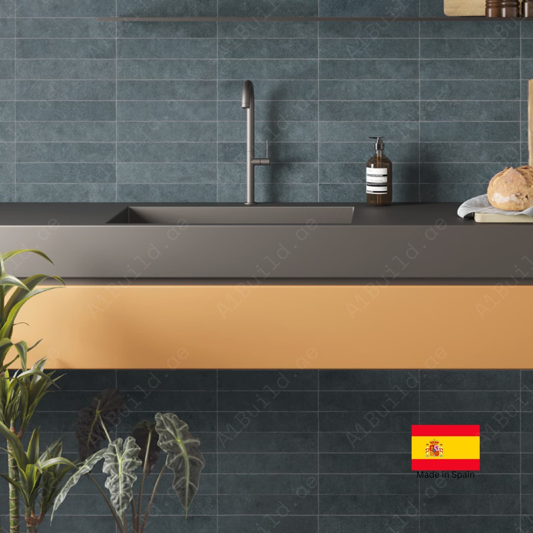 Stage Denim matt ceramic tiles, 06x30cm, made in Spain. Perfect for indoor walls, kitchens, bathrooms, and outdoor wall designs.
