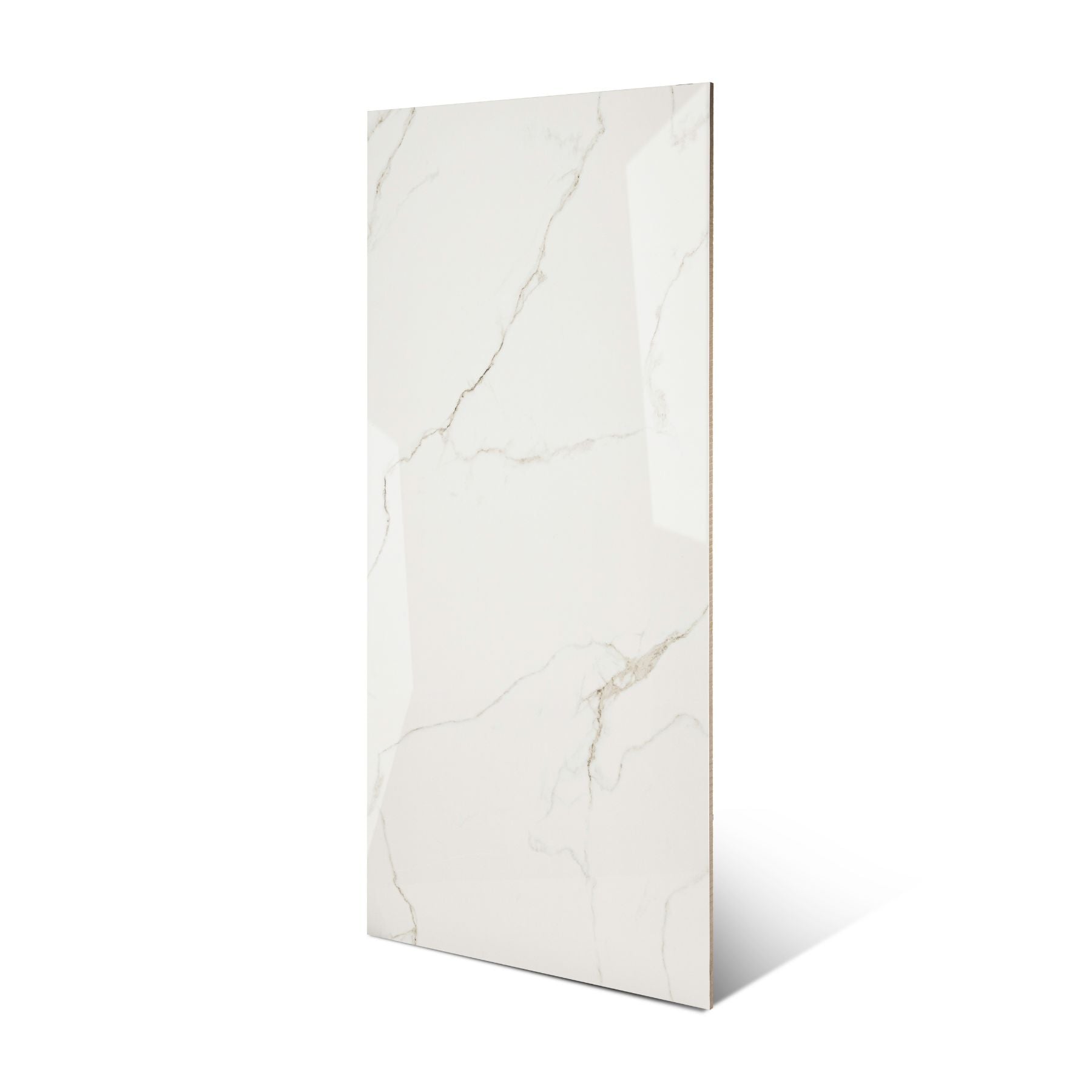 Statuario Ocean glossy marble effect porcelain tile 60x120cm with 9mm thickness features white base, soft grey veining, subtle ocean tones and polished finish.