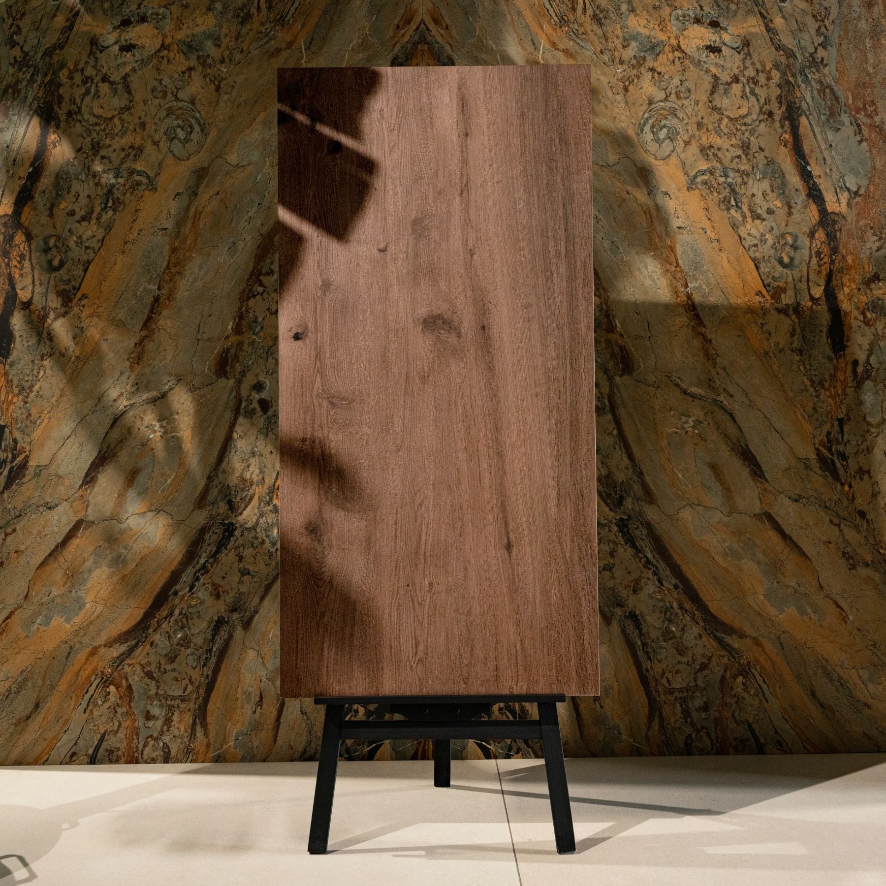 Teak Wood Brown porcelain tile 60×120cm features a realistic wood grain design, warm brown tones, durable porcelain body for floors and walls.