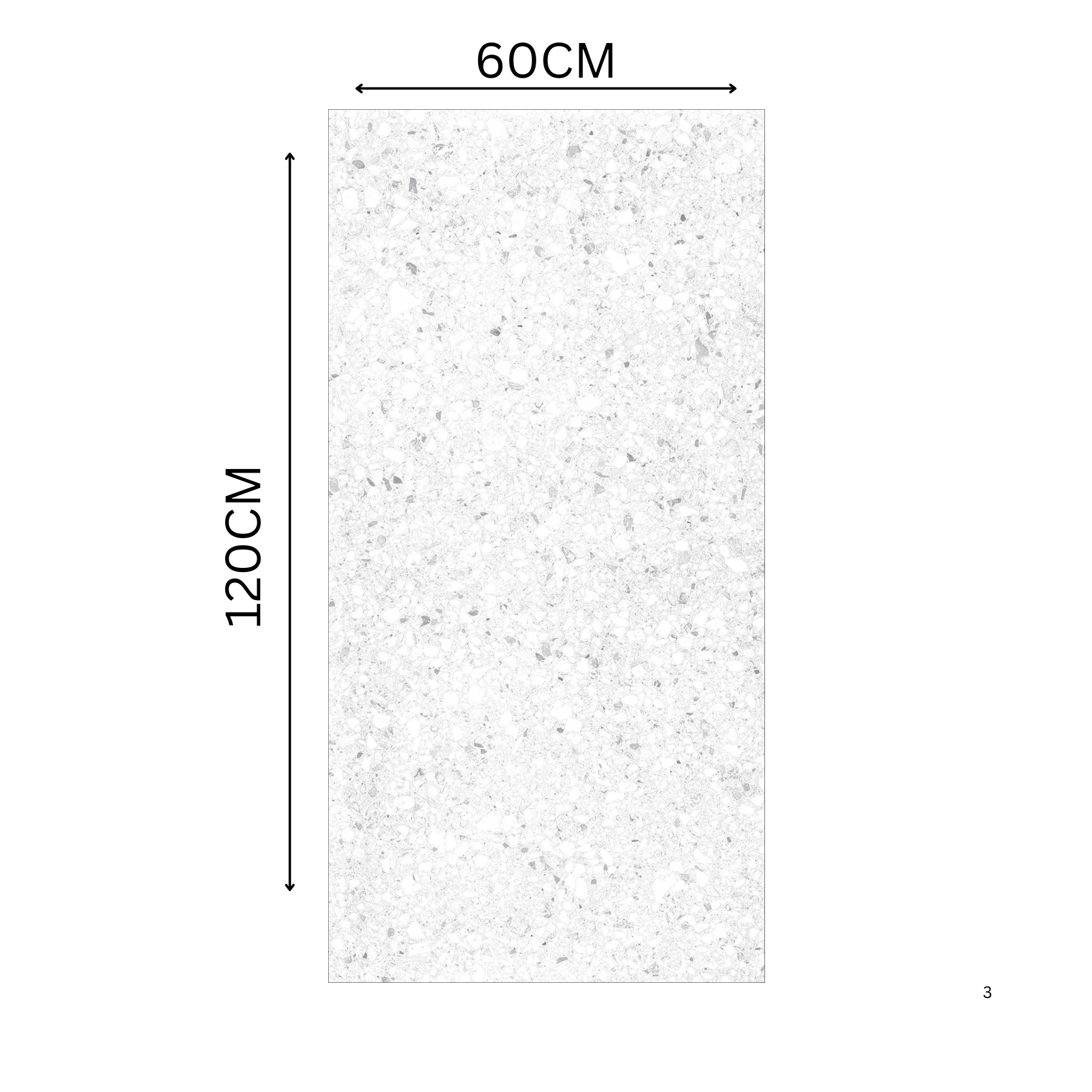 Terrazo Bianco 60x120cm porcelain tile, 20mm thick with R11 rough matt finish. Elegant terrazzo look, ideal for outdoor and high-traffic spaces.