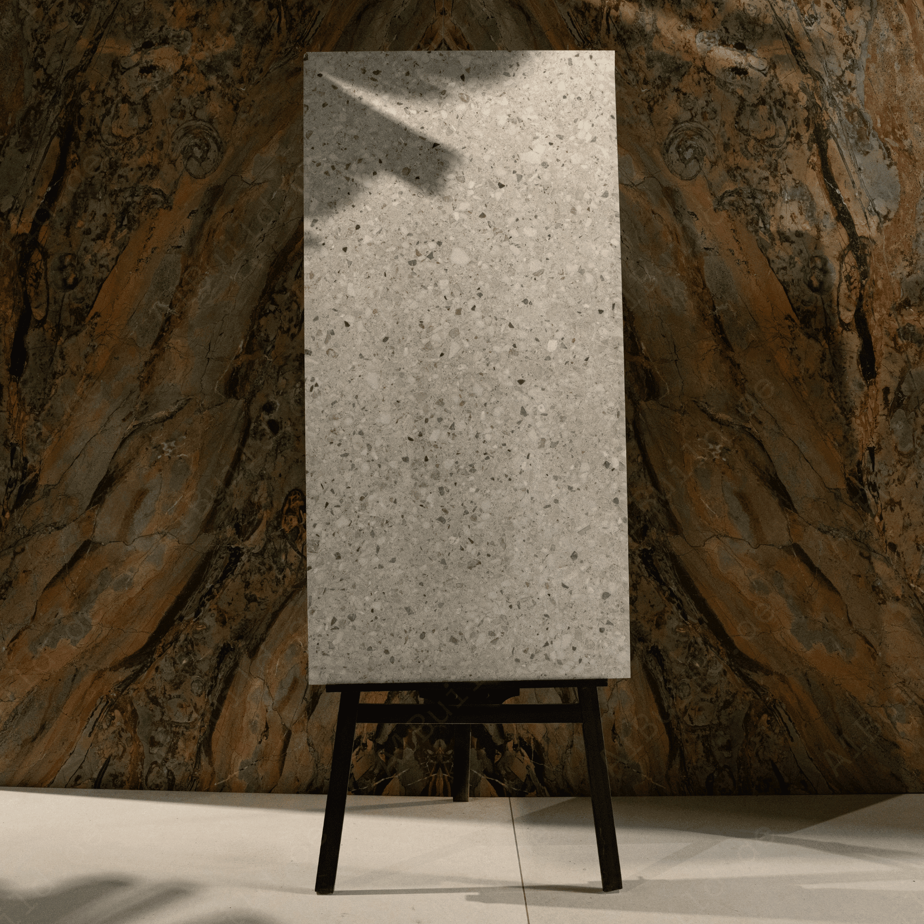 Terrazo Crema porcelain tile 60x120cm 20mm thickness, terrazzo look design, durable porcelain tile for indoor and outdoor floors.