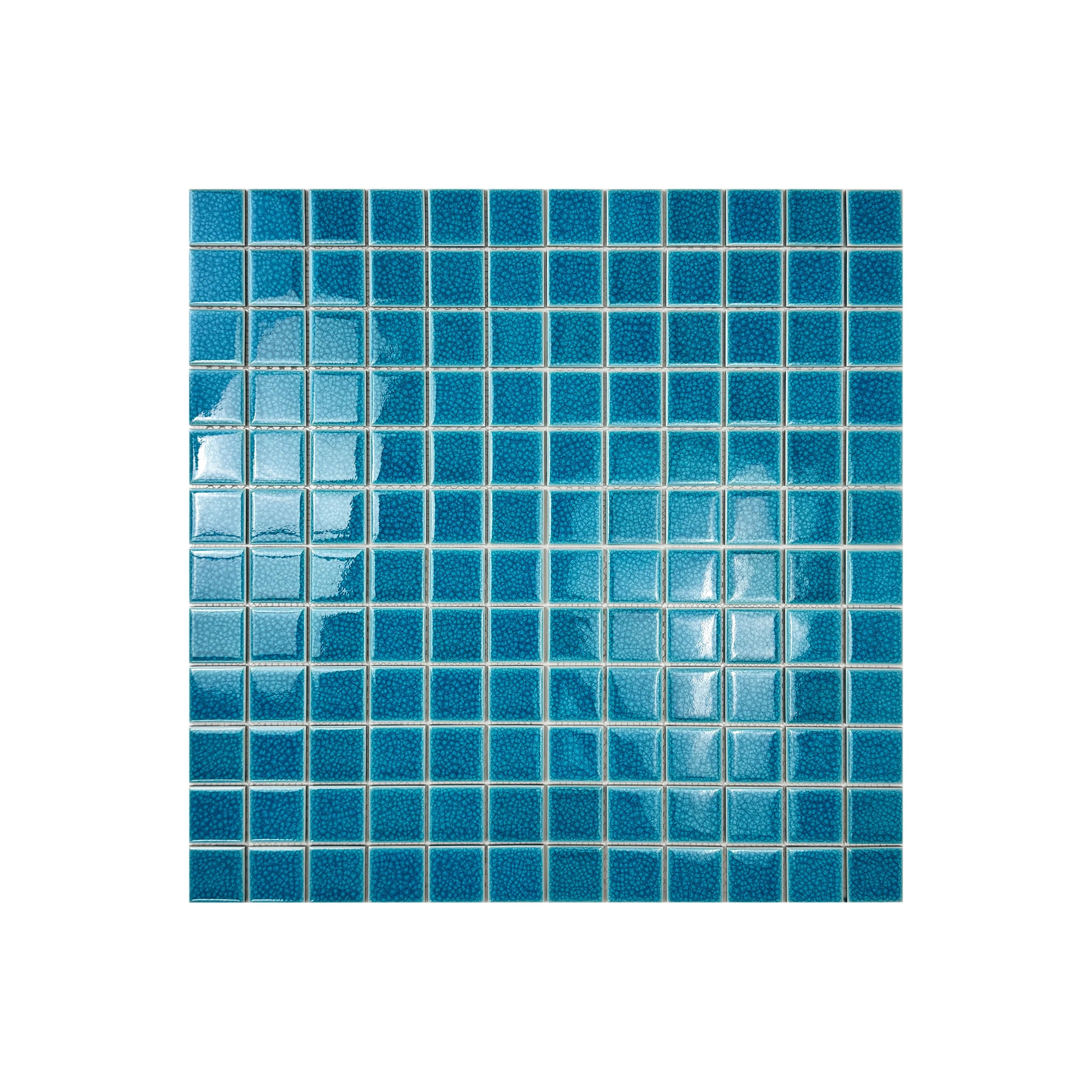Tiffany Blue Convex Crackle Porcelain Mosaic – Durable, waterproof, UV-resistant tiles for luxury swimming pools, spas, and aquatic feature walls in Dubai.