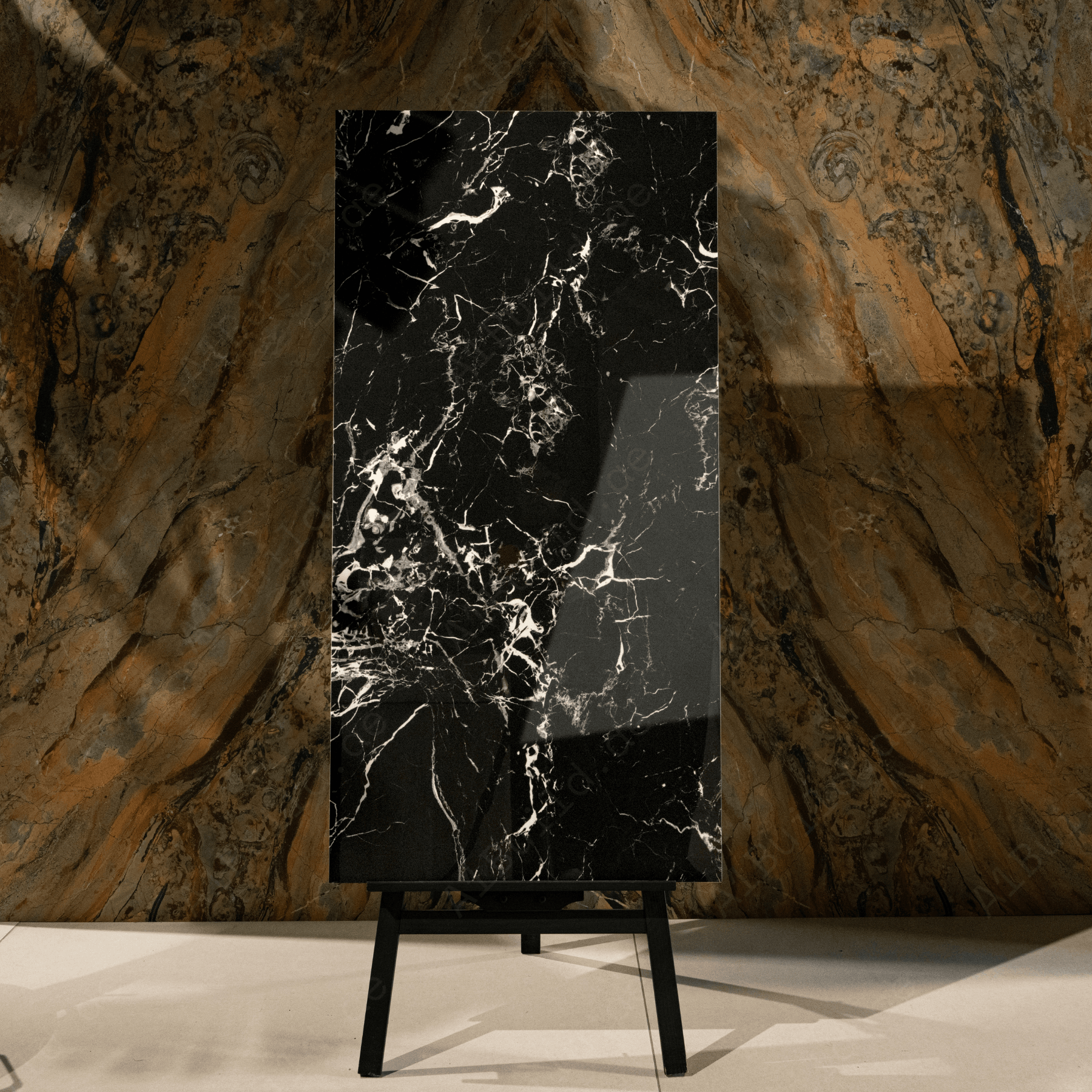 Torondo Negro Grand porcelain tile 60x120cm 9mm thickness, black marble look design, durable porcelain tile for luxury floors and walls.