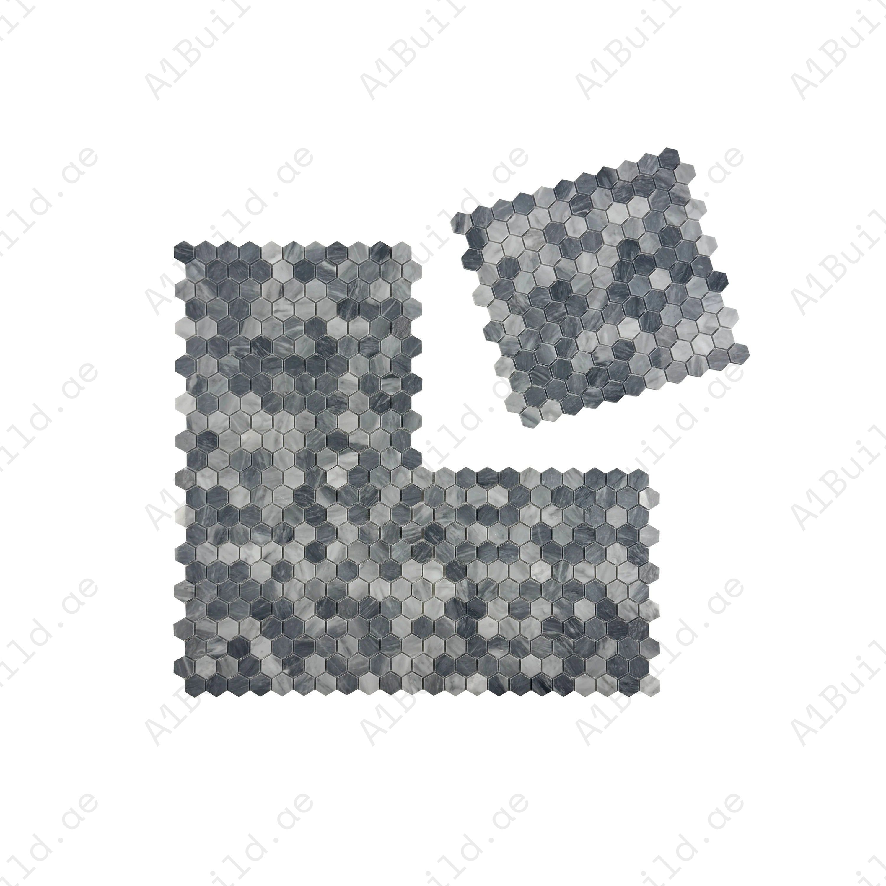 Upgrade interiors with Versace Luxury Bardiglio hexagon marble mosaic. Polished finish, timeless pattern, perfect for walls, floors, and luxury spaces.