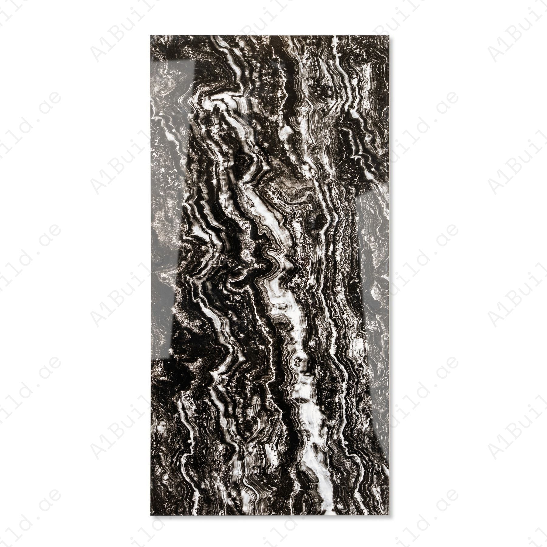 Vercel Black glossy marble porcelain tile 60x120cm with 9mm thickness features deep black base, subtle veining and polished finish.