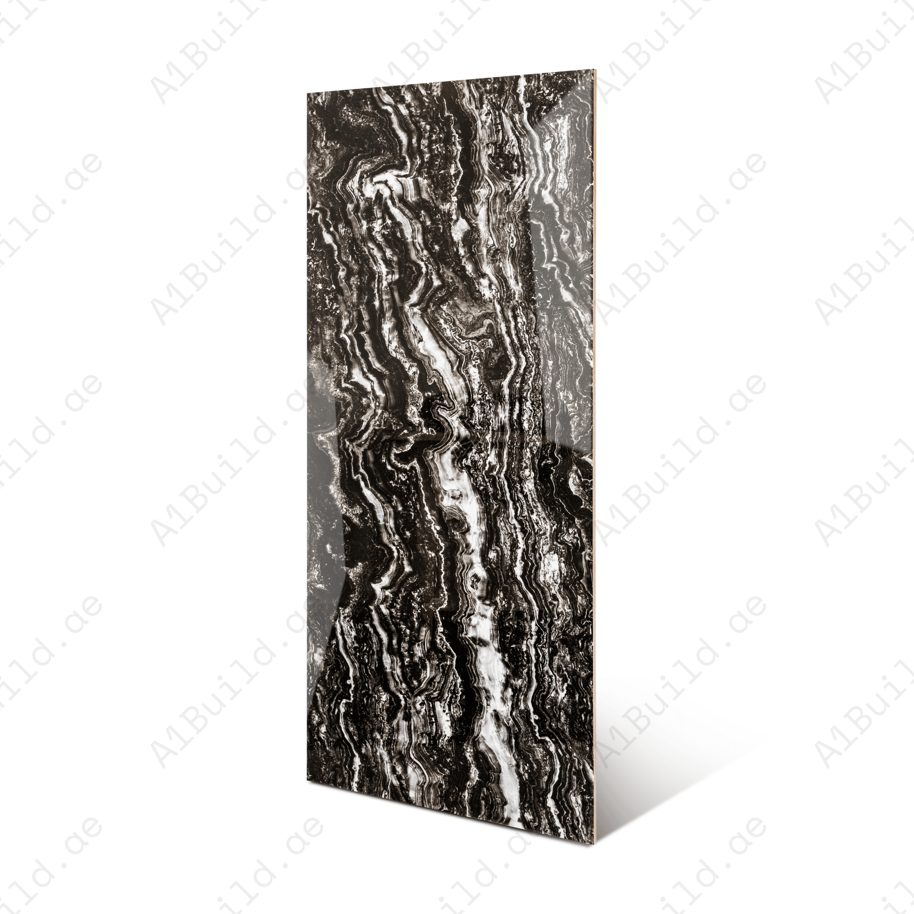 Vercel Black porcelain tile 60x120cm 9mm thickness, black marble look design, durable porcelain tile for modern luxury floors and walls.