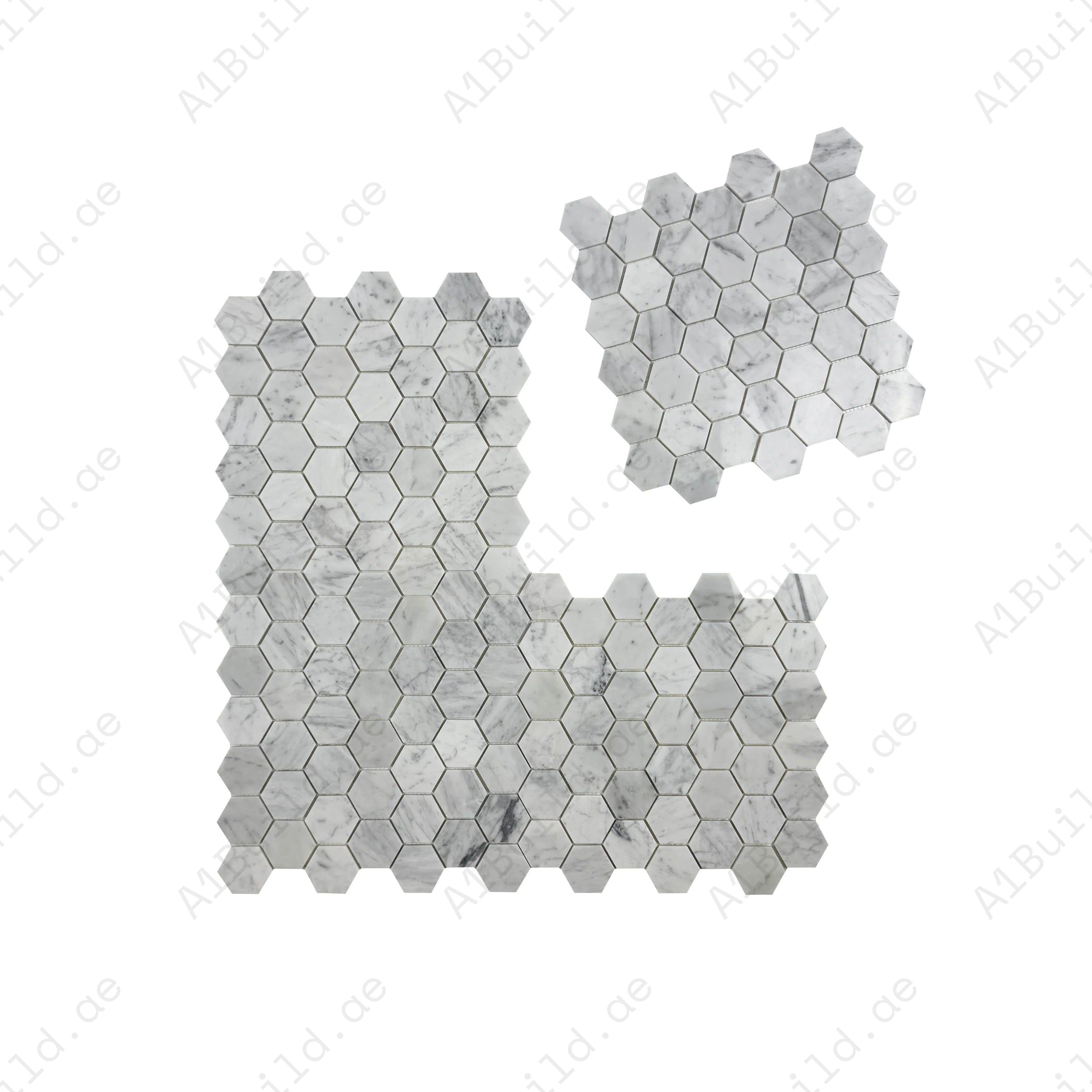 Versace Carrara White polished hexagon marble mosaic. Elegant grey veining, polished finish & durable design, perfect for bathrooms, kitchens & feature walls.