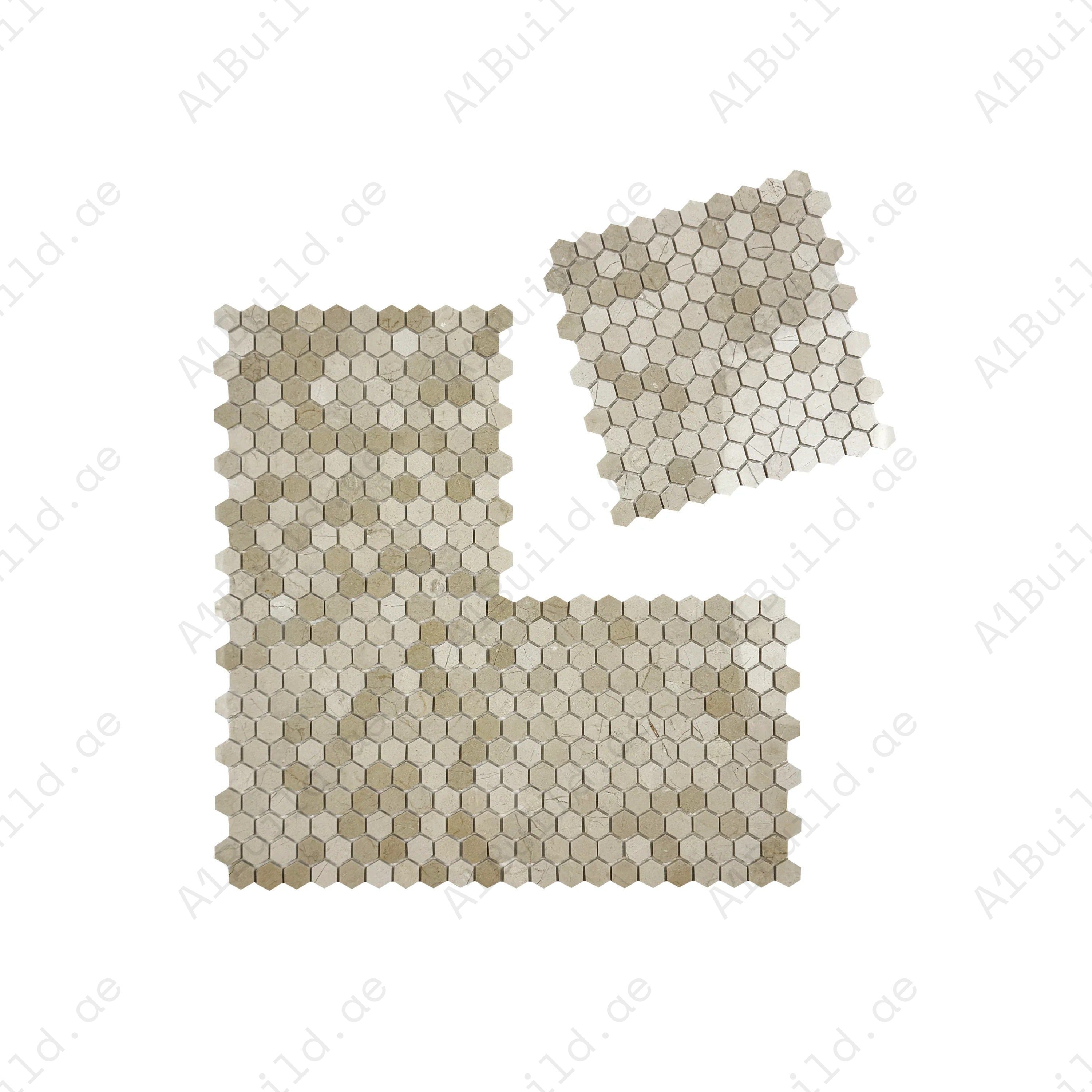 Versace Cream Marfil polished hexagon marble mosaic. Warm beige tones, polished finish & durable design, ideal for bathrooms, kitchens & feature walls.