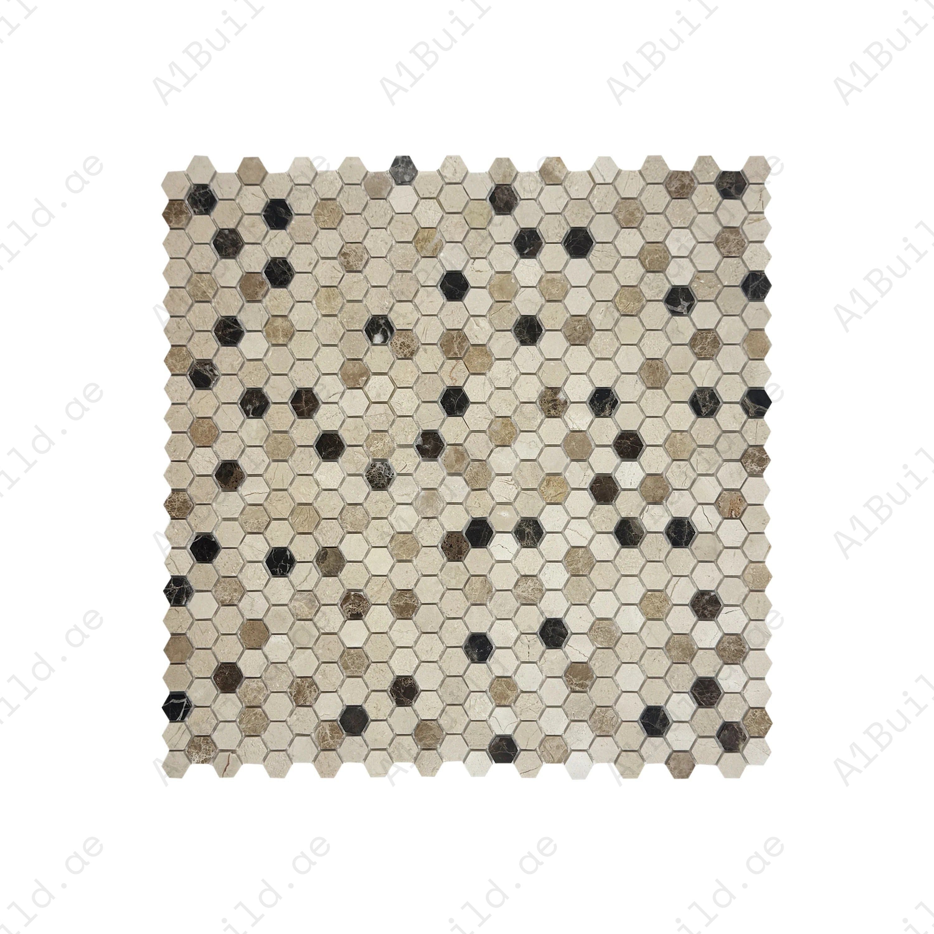 Versace Emperador & Cream Marfil polished hexagon marble mosaic. Elegant brown & cream tones, polished finish & durable marble for walls & backsplashes.