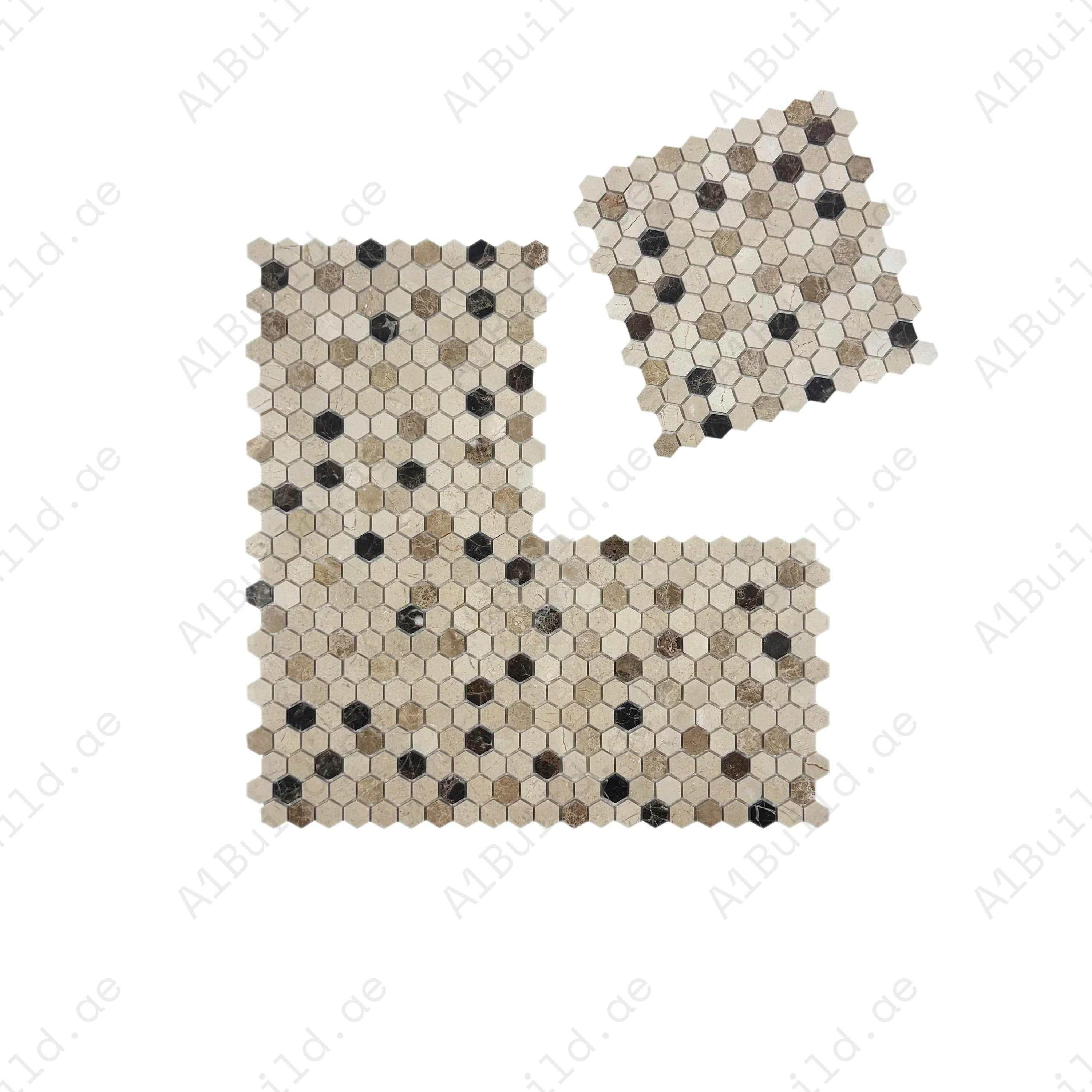 Versace Emperador & Cream Marfil polished hexagon marble mosaic. Elegant brown & cream tones, polished finish & durable marble for walls & backsplashes.