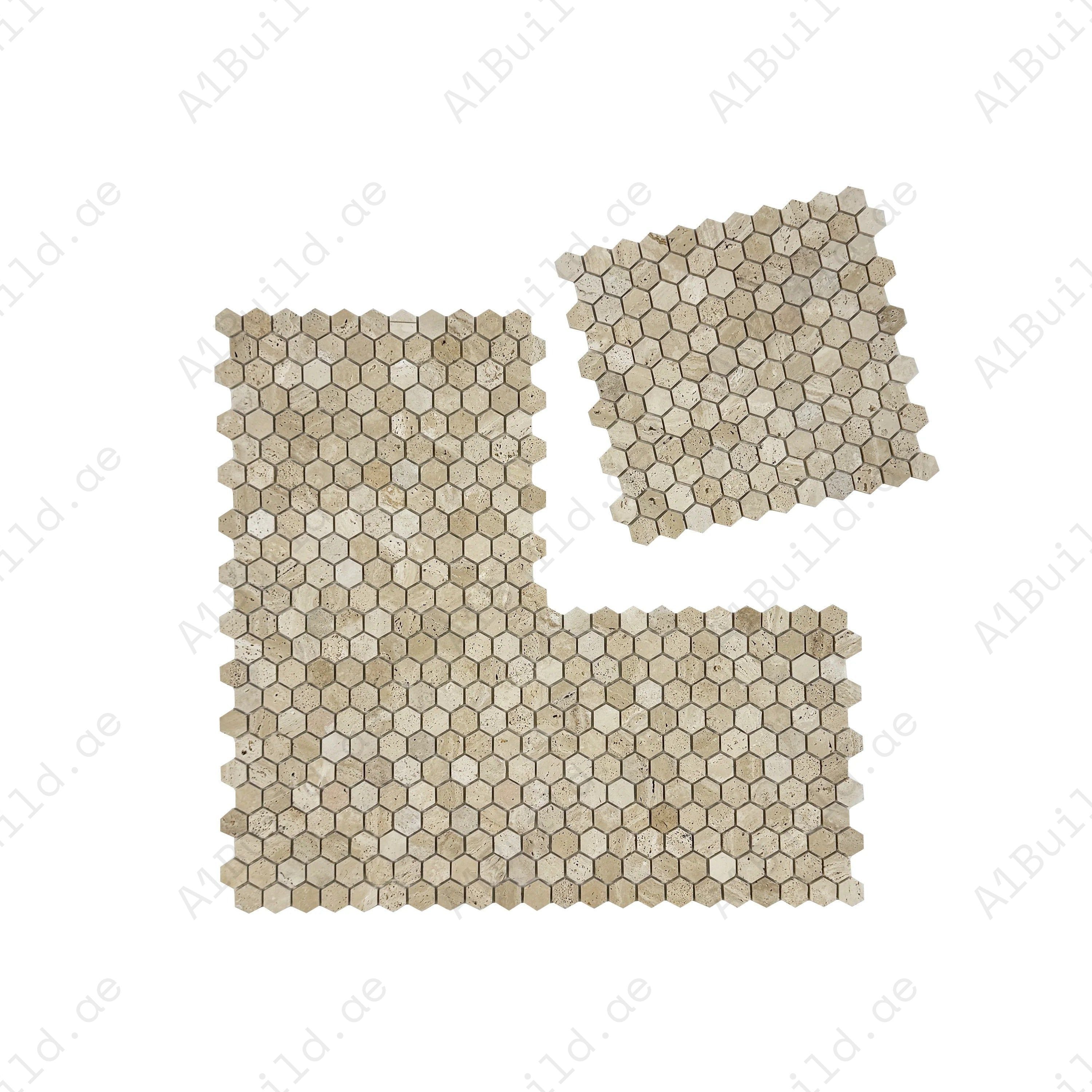Versace Light Beige honed hexagon travertine marble mosaic tile. Natural matte finish, warm beige tones & durable stone for bathrooms, kitchens & walls.